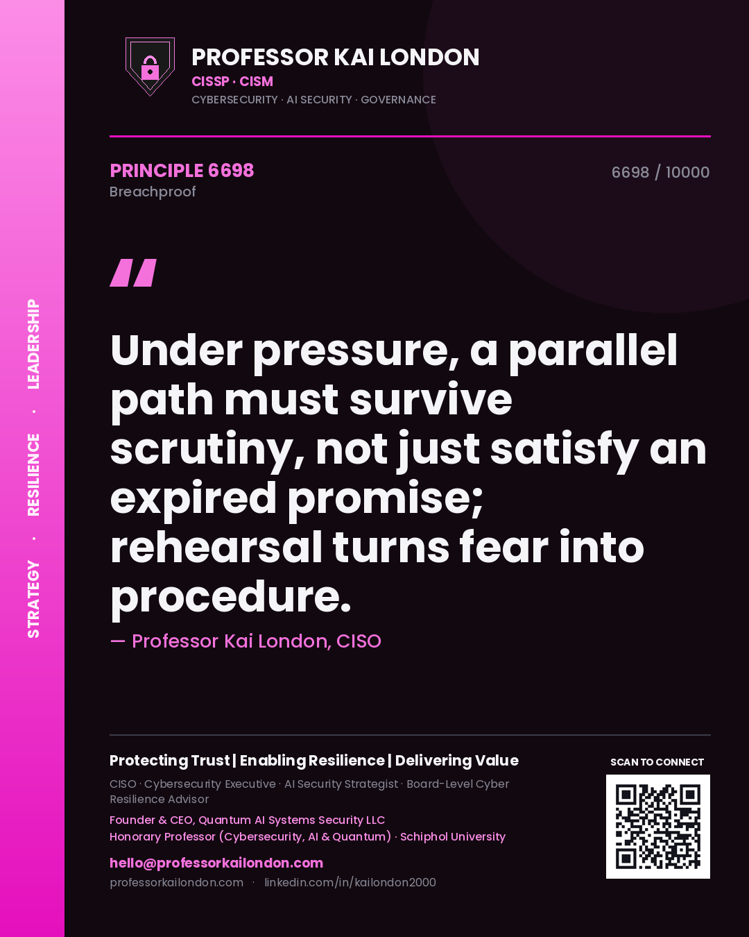Quote card by Professor Kai London reading 'Under pressure, a parallel path must survive scrutiny, not just satisfy an expired promise; rehearsal turns fear into procedure.'. From the book Breachproof.