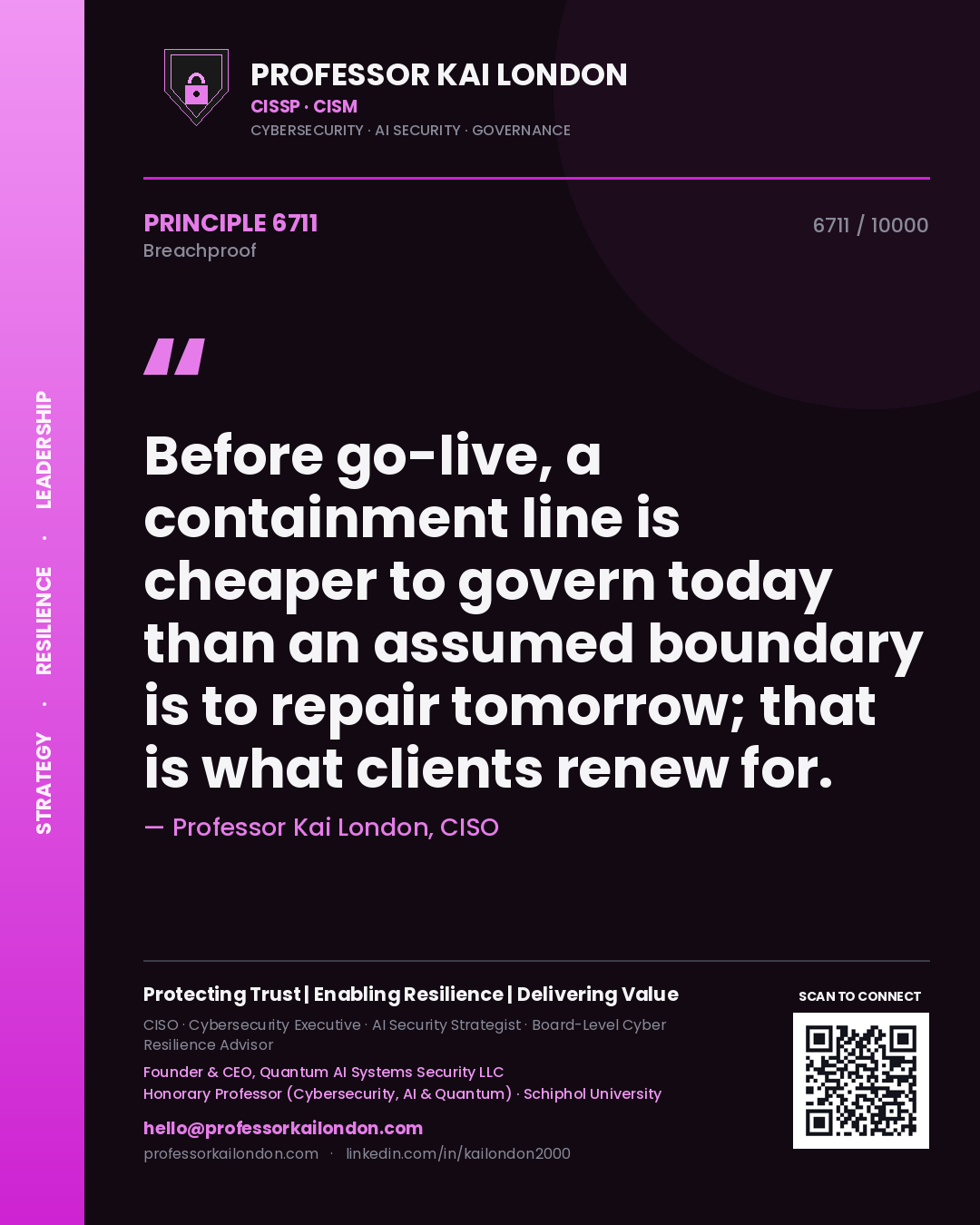 Professor Kai London principle 6711: Before go-live, a containment line is cheaper to govern today than an assumed boundary is to repair tomorrow; that is what clients renew for.