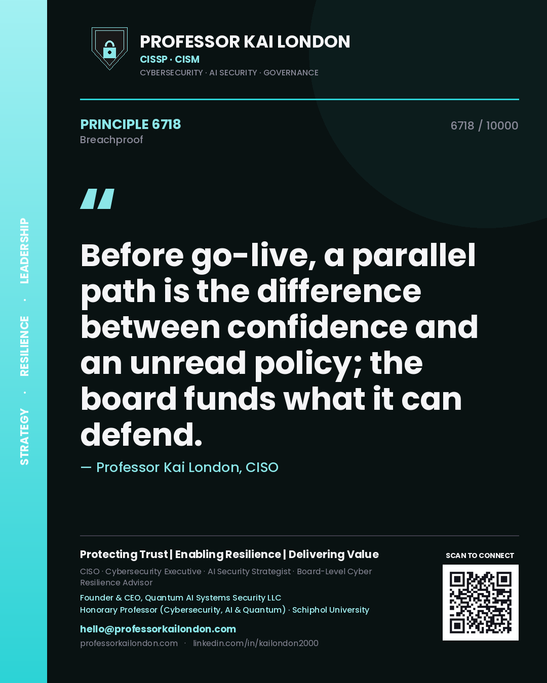 Quote card by Professor Kai London reading 'Before go-live, a parallel path is the difference between confidence and an unread policy; the board funds what it can defend.'. From the book Breachproof.