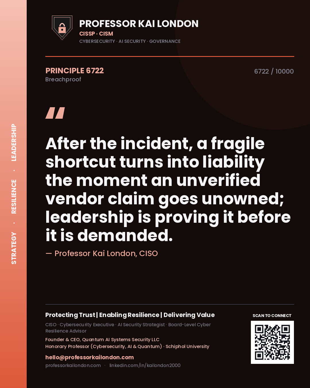 Quote card by Professor Kai London reading 'After the incident, a fragile shortcut turns into liability the moment an unverified vendor claim goes unowned; leadership is proving it before it is demanded.'. From the book Breachproof.