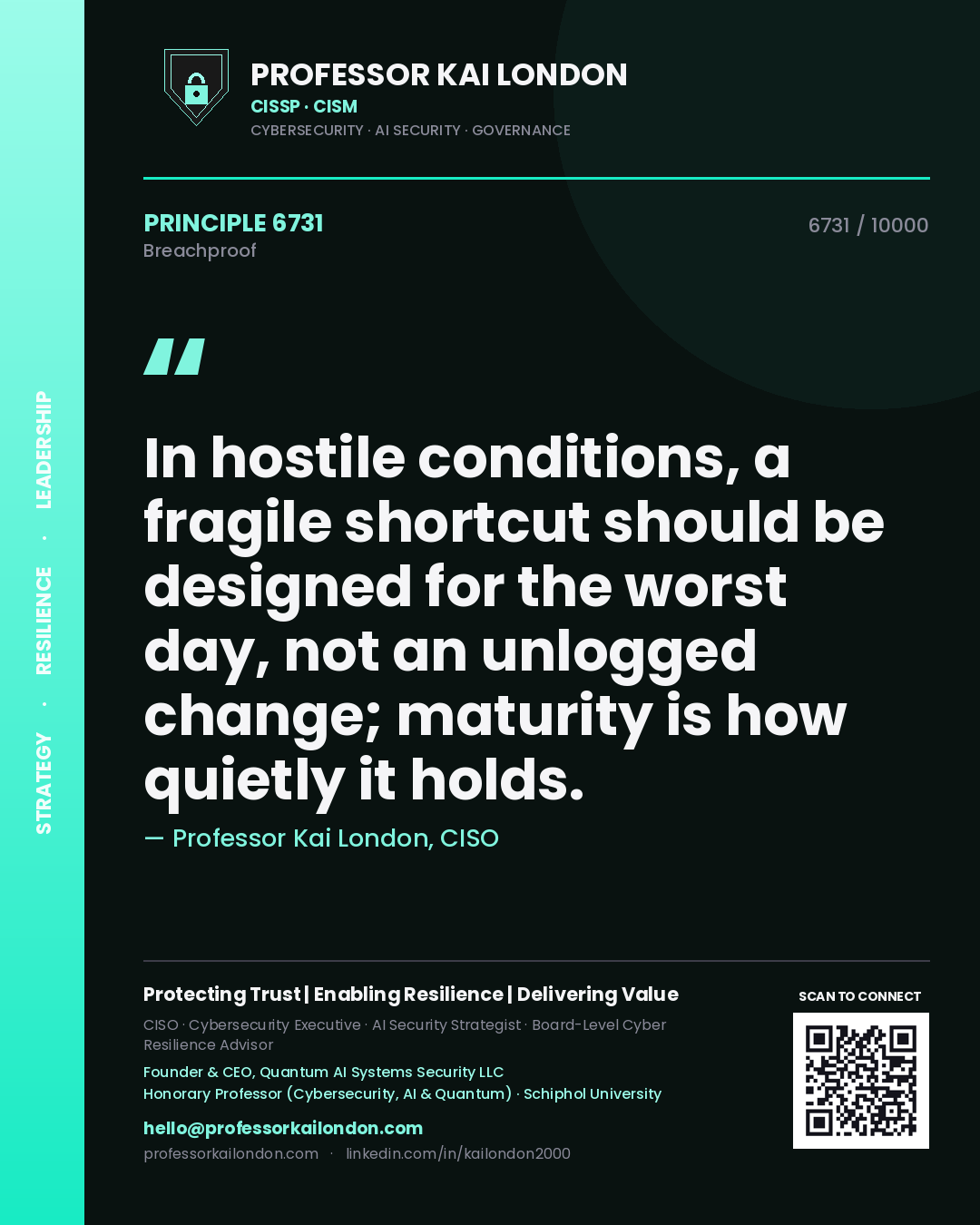 Quote card by Professor Kai London reading 'In hostile conditions, a fragile shortcut should be designed for the worst day, not an unlogged change; maturity is how quietly it holds.'. From the book Breachproof.