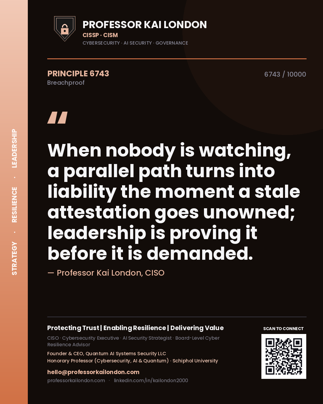 Quote card by Professor Kai London reading 'When nobody is watching, a parallel path turns into liability the moment a stale attestation goes unowned; leadership is proving it before it is demanded.'. From the book Breachproof.