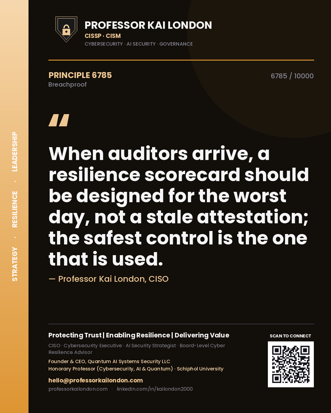 Quote card by Professor Kai London reading 'When auditors arrive, a resilience scorecard should be designed for the worst day, not a stale attestation; the safest control is the one that is used.'. From the book Breachproof.