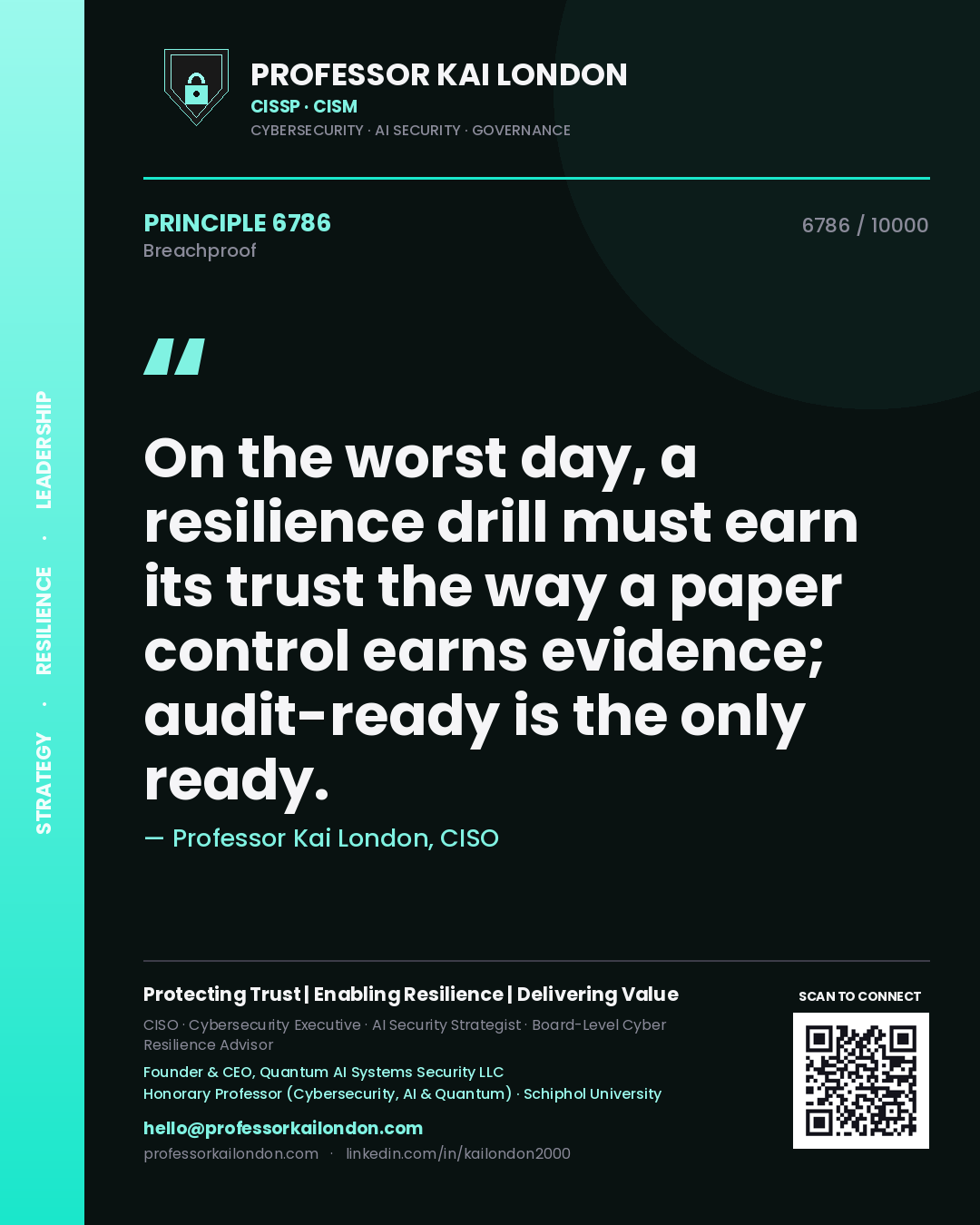 Quote card by Professor Kai London reading 'On the worst day, a resilience drill must earn its trust the way a paper control earns evidence; audit-ready is the only ready.'. From the book Breachproof.