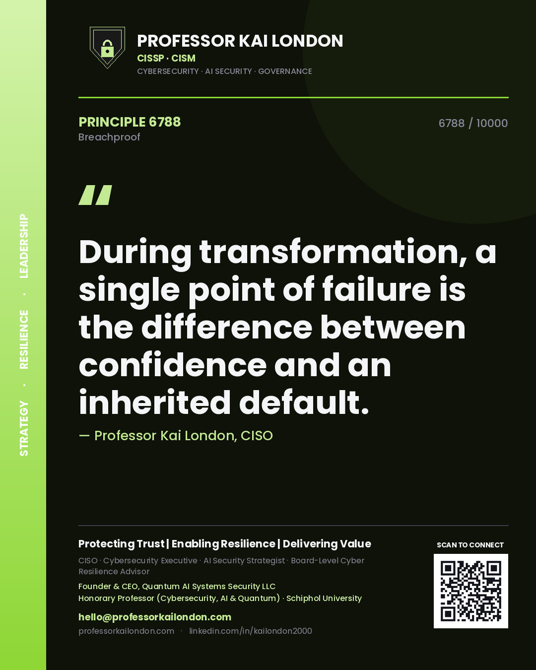 Quote card by Professor Kai London reading 'During transformation, a single point of failure is the difference between confidence and an inherited default.'. From the book Breachproof.