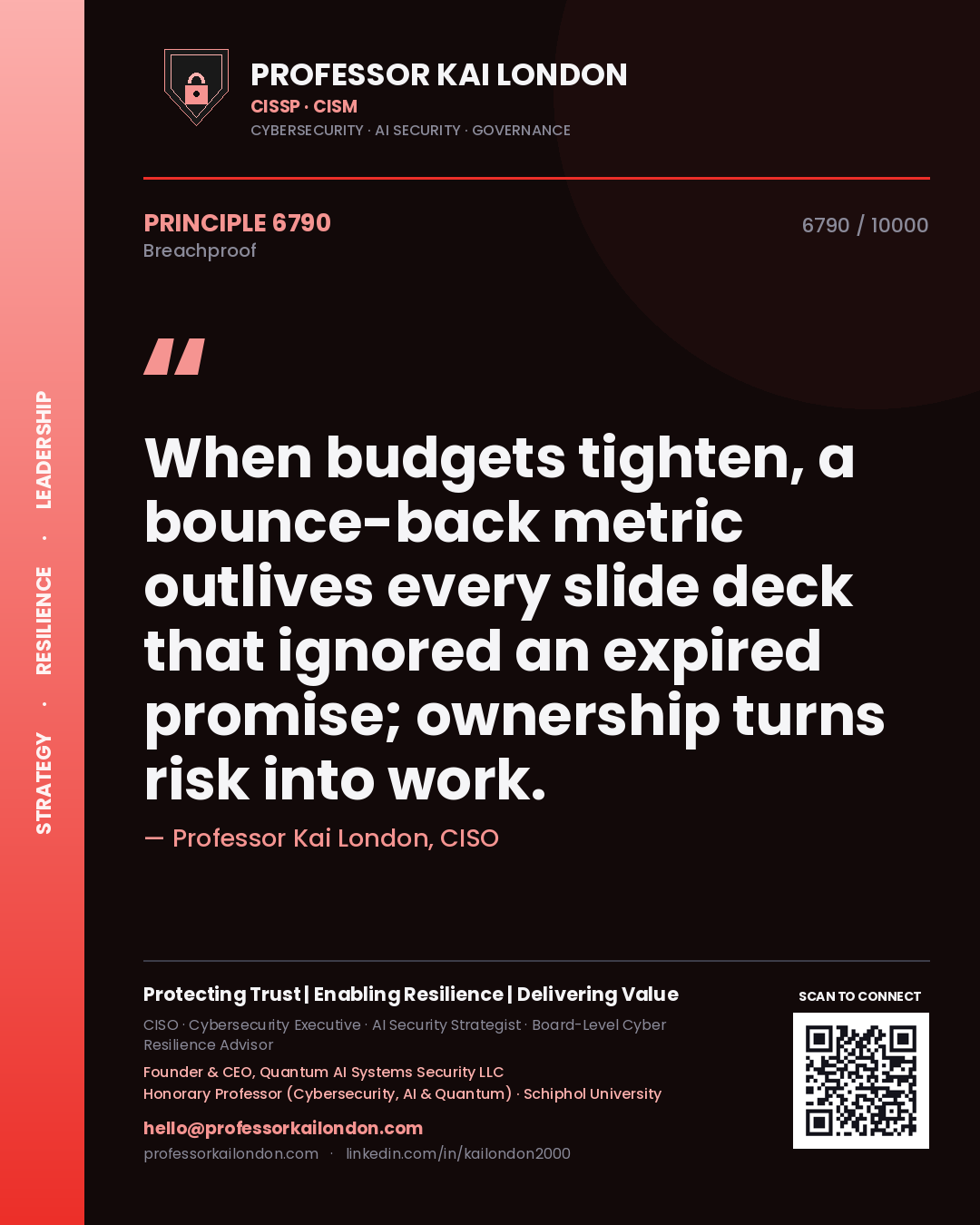 Quote card by Professor Kai London reading 'When budgets tighten, a bounce-back metric outlives every slide deck that ignored an expired promise; ownership turns risk into work.'. From the book Breachproof.