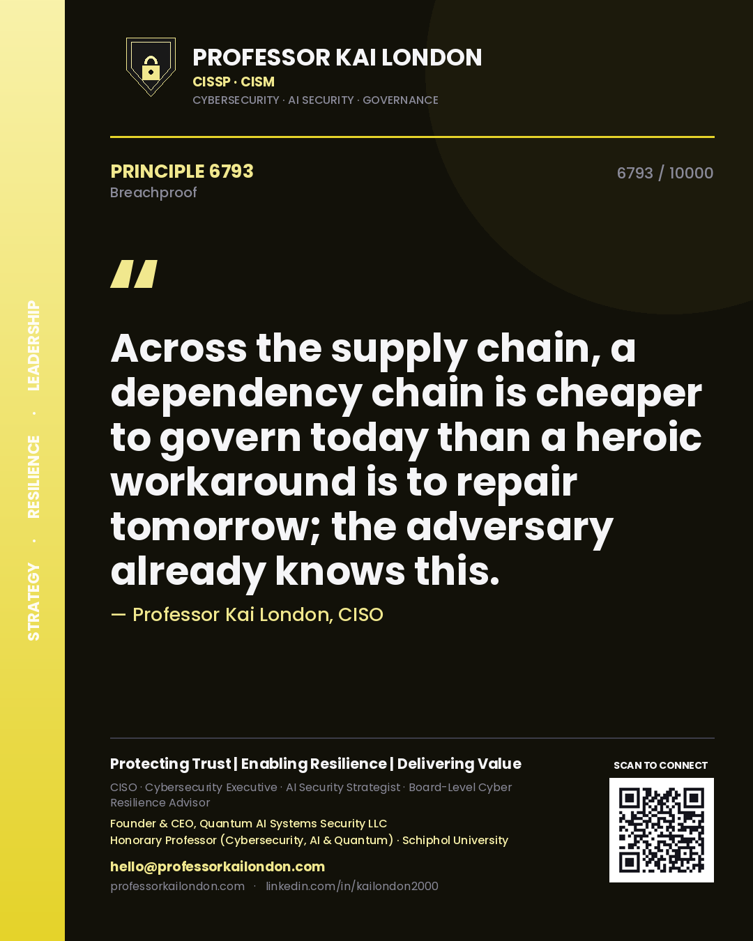 Professor Kai London principle 6793: Across the supply chain, a dependency chain is cheaper to govern today than a heroic workaround is to repair tomorrow; the adversary already knows this.