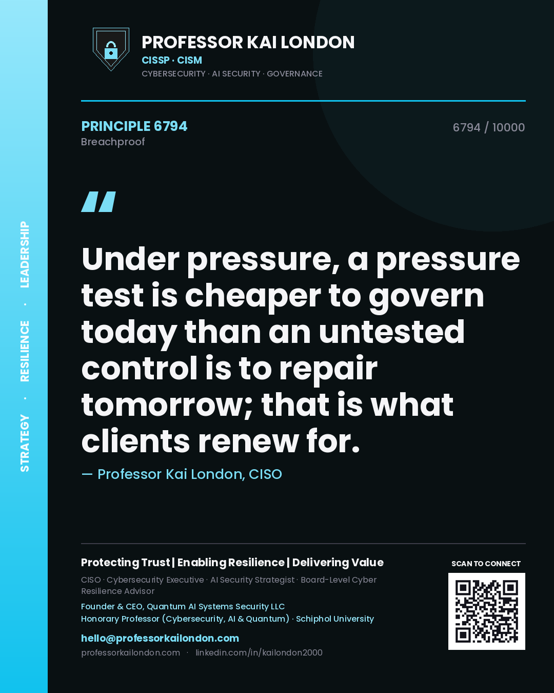 Quote card by Professor Kai London reading 'Under pressure, a pressure test is cheaper to govern today than an untested control is to repair tomorrow; that is what clients renew for.'. From the book Breachproof.