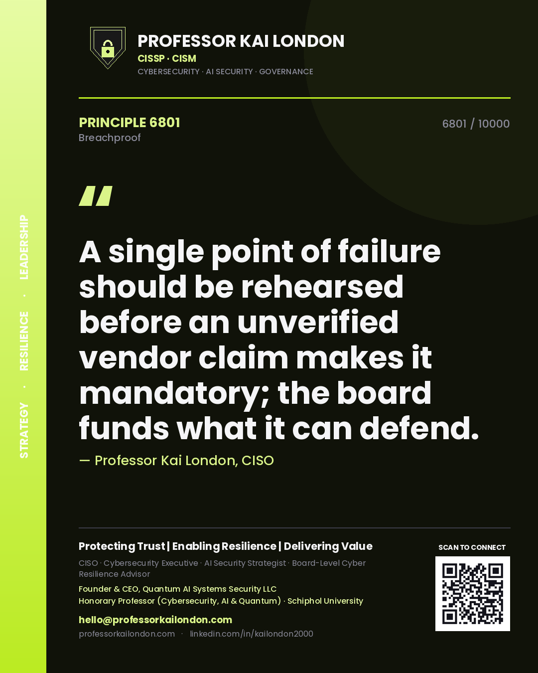 Professor Kai London principle 6801: A single point of failure should be rehearsed before an unverified vendor claim makes it mandatory; the board funds what it can defend.