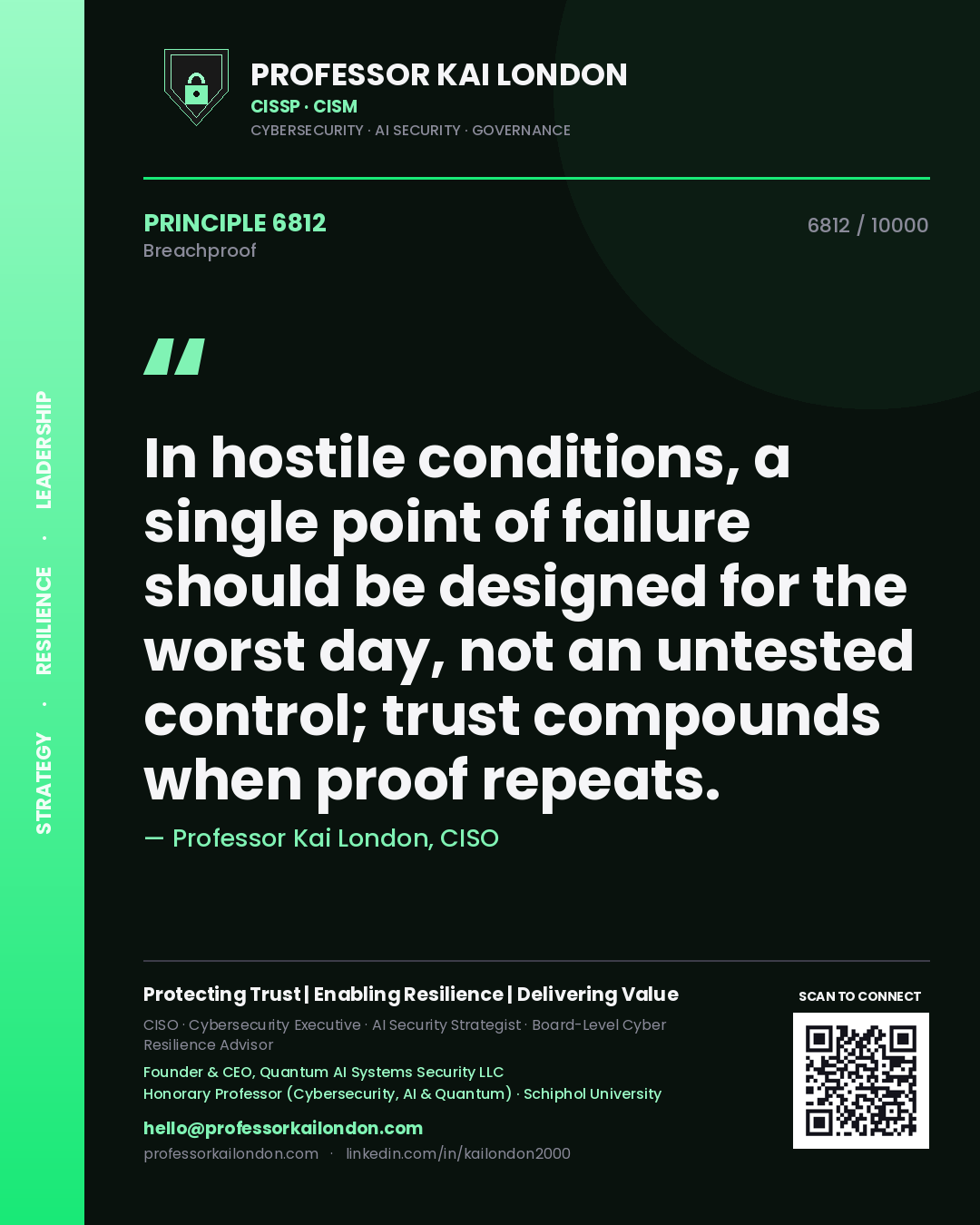 Quote card by Professor Kai London reading 'In hostile conditions, a single point of failure should be designed for the worst day, not an untested control; trust compounds when proof repeats.'. From the book Breachproof.