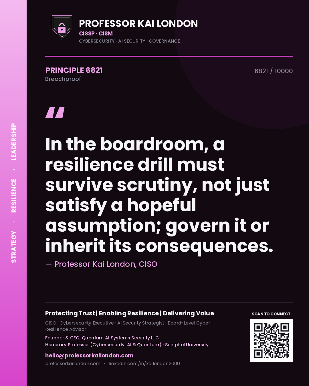 Quote card by Professor Kai London reading 'In the boardroom, a resilience drill must survive scrutiny, not just satisfy a hopeful assumption; govern it or inherit its consequences.'. From the book Breachproof.