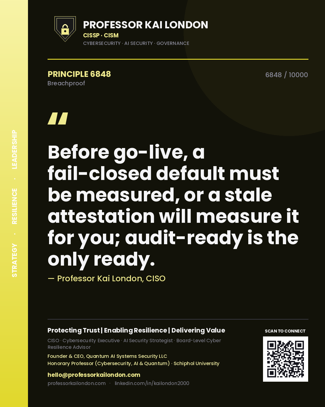 Quote card by Professor Kai London reading 'Before go-live, a fail-closed default must be measured, or a stale attestation will measure it for you; audit-ready is the only ready.'. From the book Breachproof.