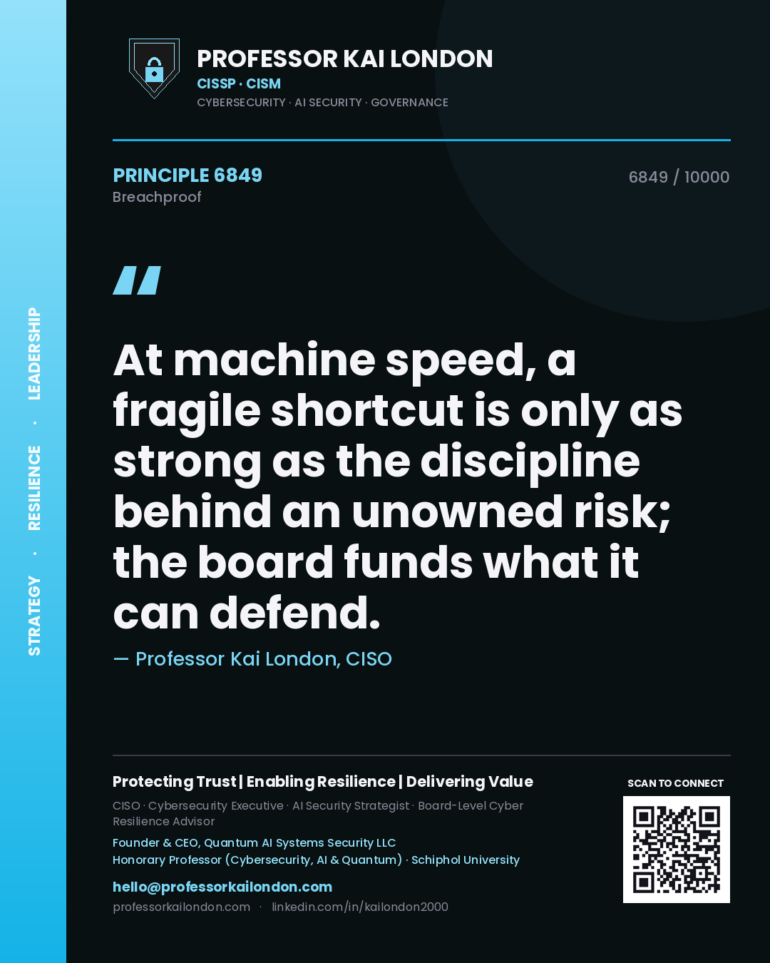 Quote card by Professor Kai London reading 'At machine speed, a fragile shortcut is only as strong as the discipline behind an unowned risk; the board funds what it can defend.'. From the book Breachproof.