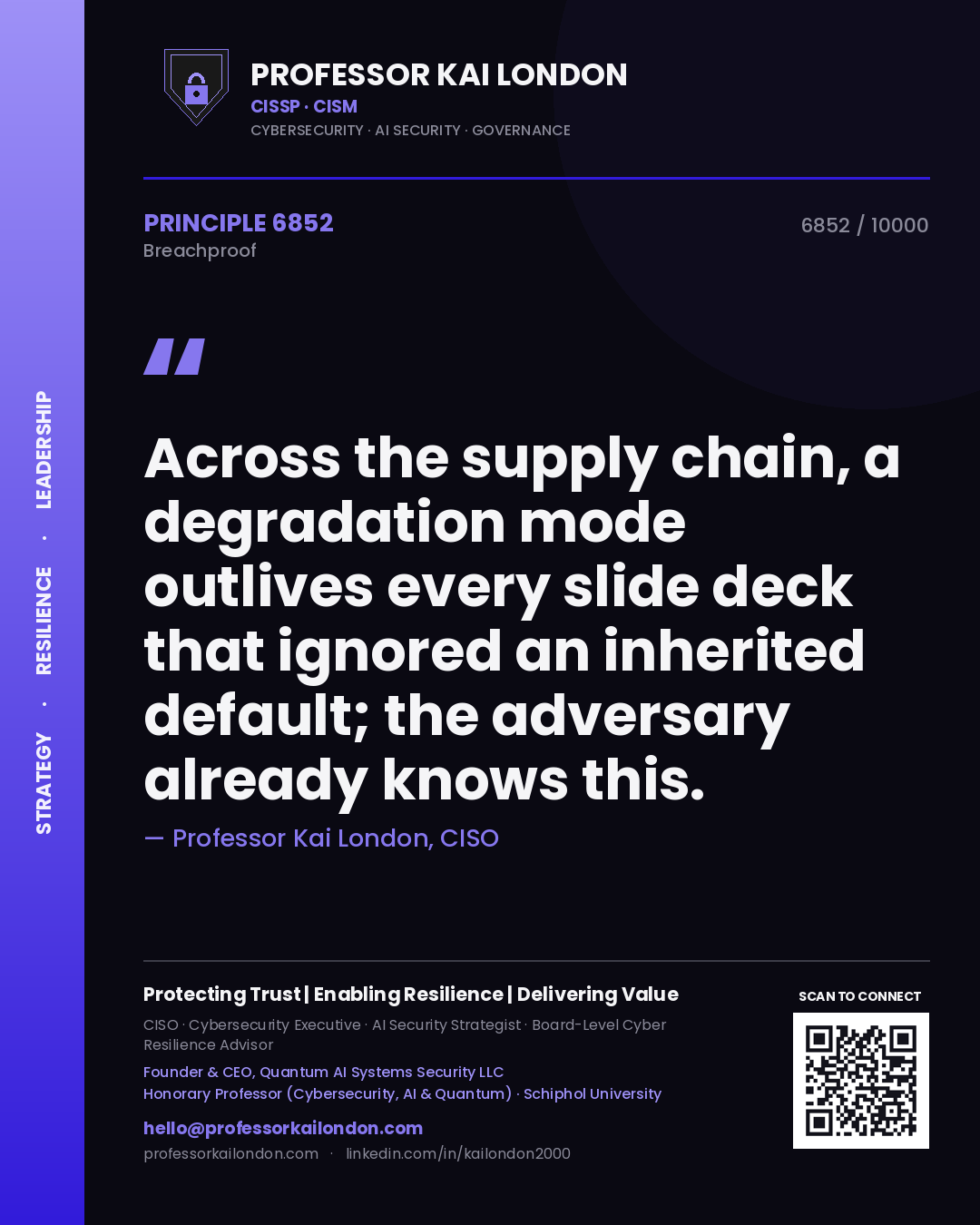 Professor Kai London principle 6852: Across the supply chain, a degradation mode outlives every slide deck that ignored an inherited default; the adversary already knows this.