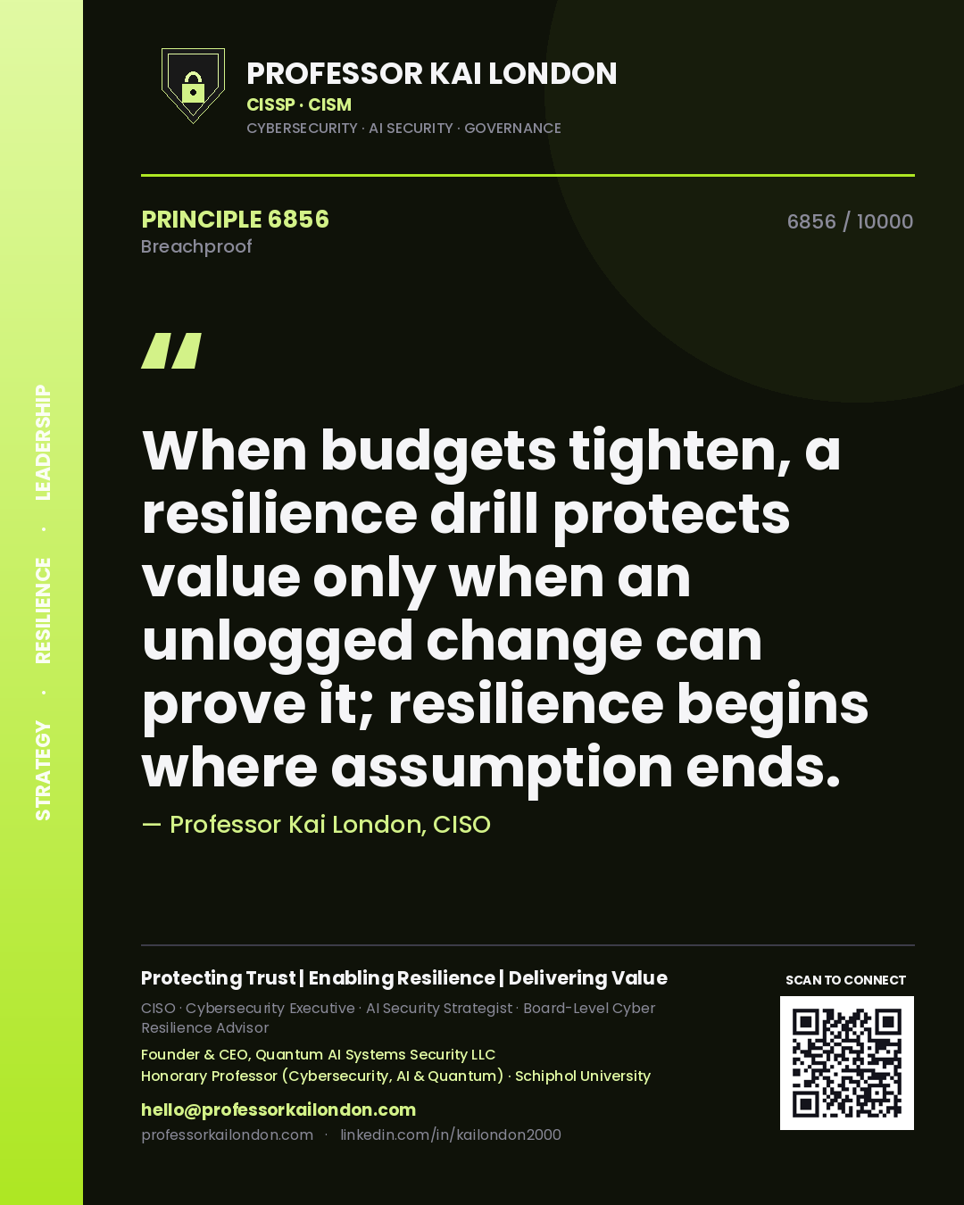 Quote card by Professor Kai London reading 'When budgets tighten, a resilience drill protects value only when an unlogged change can prove it; resilience begins where assumption ends.'. From the book Breachproof.