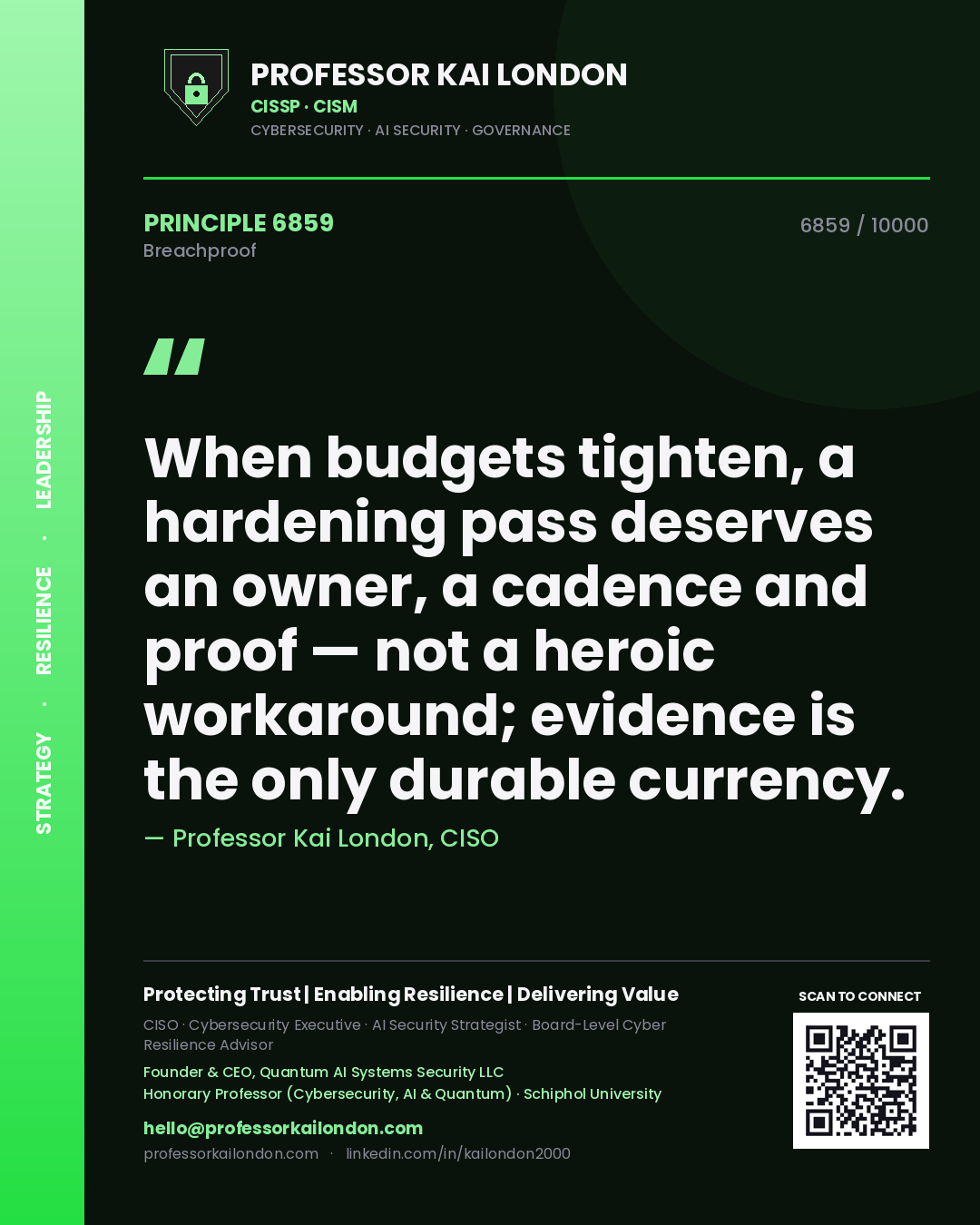 Quote card by Professor Kai London reading 'When budgets tighten, a hardening pass deserves an owner, a cadence and proof — not a heroic workaround; evidence is the only durable currency.'. From the book Breachproof.