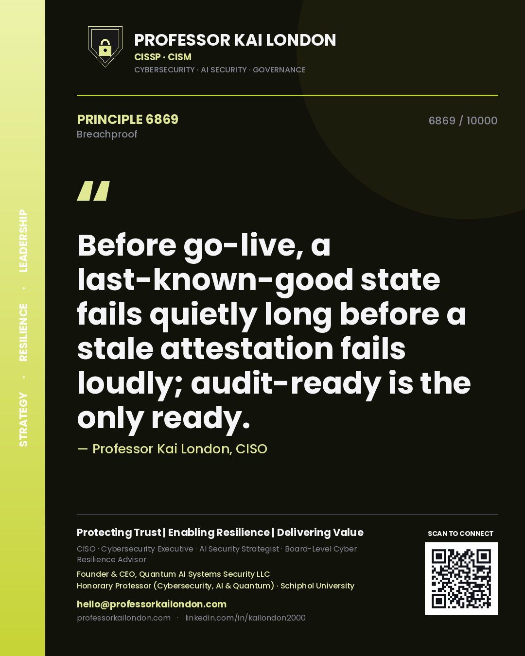 Professor Kai London principle 6869: Before go-live, a last-known-good state fails quietly long before a stale attestation fails loudly; audit-ready is the only ready.