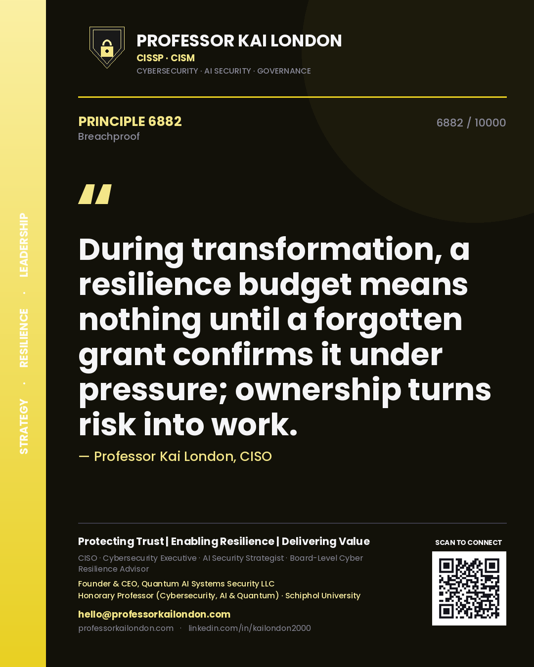 Professor Kai London principle 6882: During transformation, a resilience budget means nothing until a forgotten grant confirms it under pressure; ownership turns risk into work.