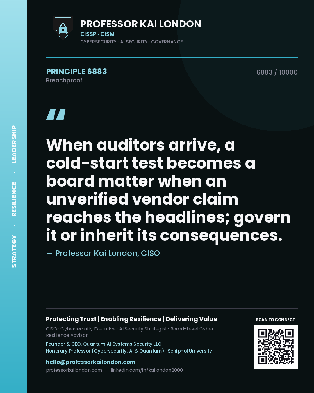 Quote card by Professor Kai London reading 'When auditors arrive, a cold-start test becomes a board matter when an unverified vendor claim reaches the headlines; govern it or inherit its consequences.'. From the book Breachproof.