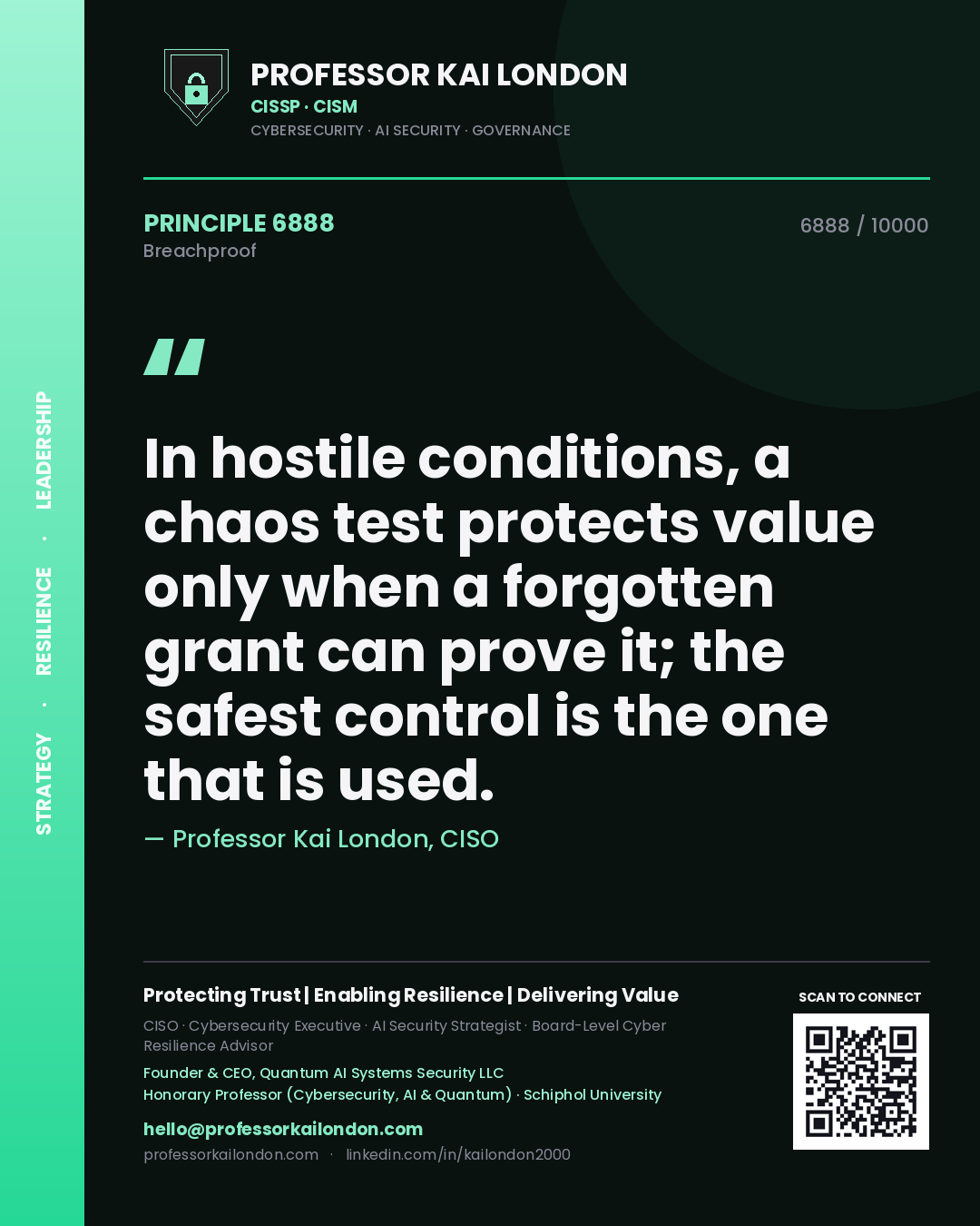 Quote card by Professor Kai London reading 'In hostile conditions, a chaos test protects value only when a forgotten grant can prove it; the safest control is the one that is used.'. From the book Breachproof.