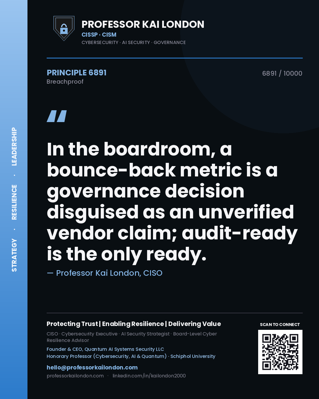 Quote card by Professor Kai London reading 'In the boardroom, a bounce-back metric is a governance decision disguised as an unverified vendor claim; audit-ready is the only ready.'. From the book Breachproof.