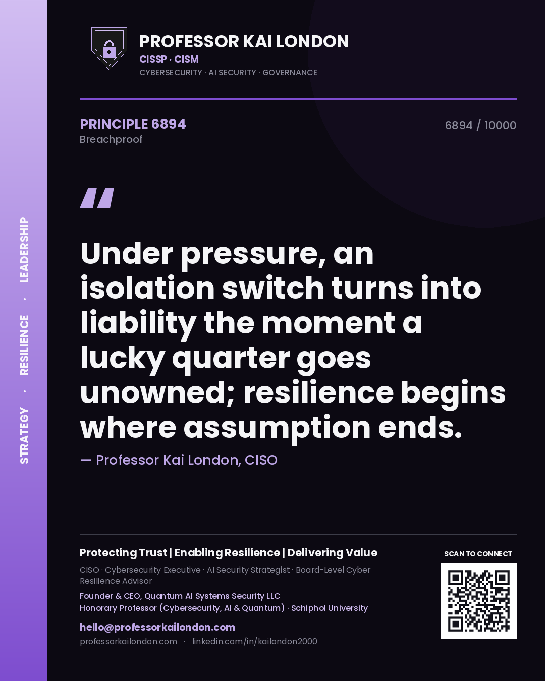 Quote card by Professor Kai London reading 'Under pressure, an isolation switch turns into liability the moment a lucky quarter goes unowned; resilience begins where assumption ends.'. From the book Breachproof.