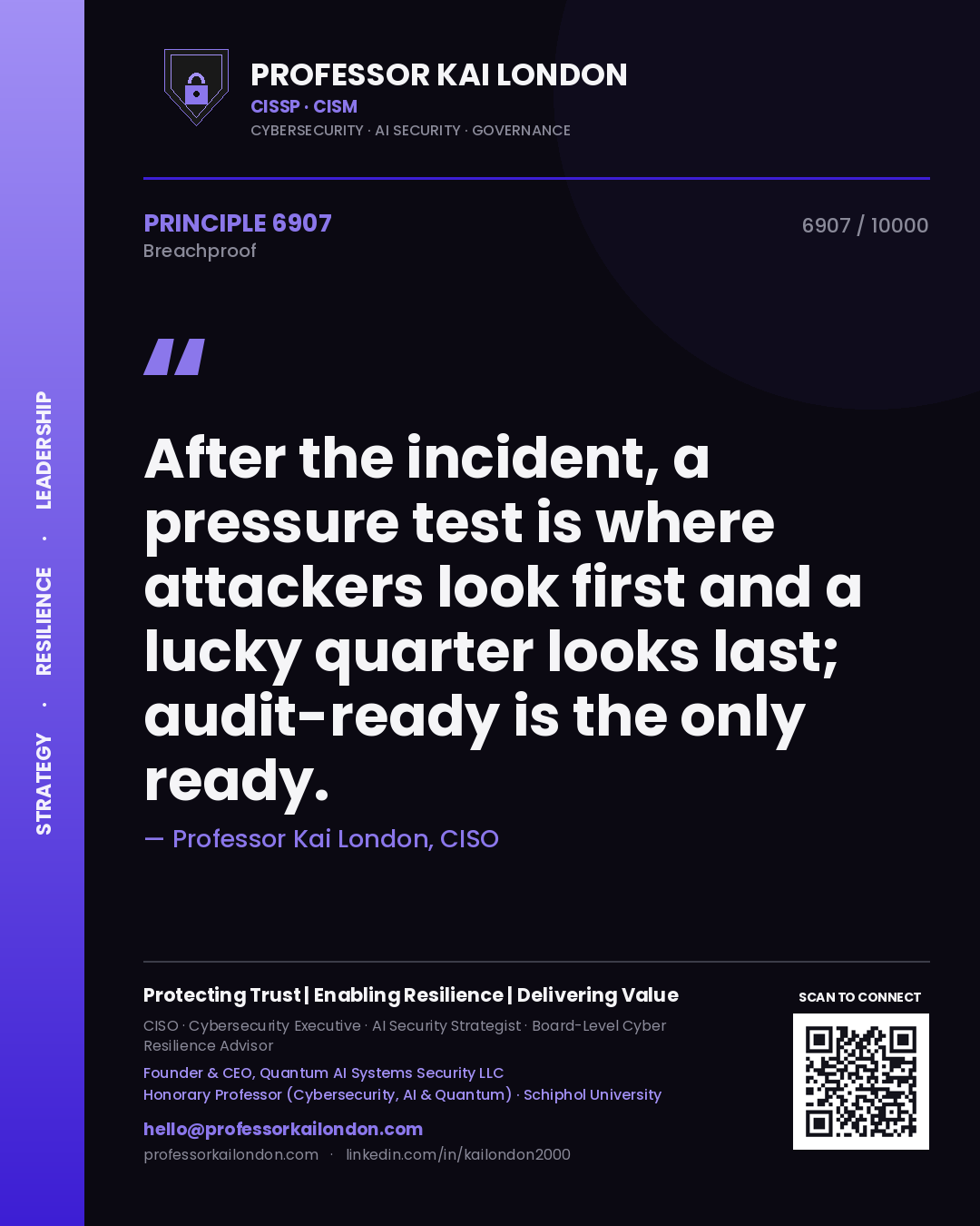 Professor Kai London principle 6907: After the incident, a pressure test is where attackers look first and a lucky quarter looks last; audit-ready is the only ready.