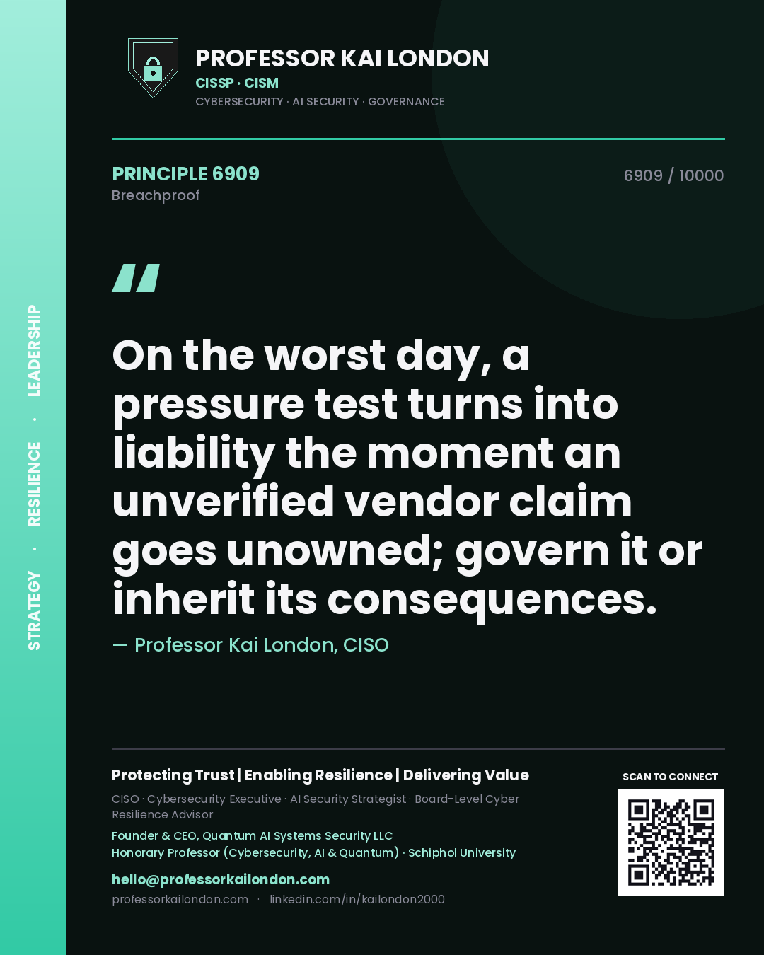 Quote card by Professor Kai London reading 'On the worst day, a pressure test turns into liability the moment an unverified vendor claim goes unowned; govern it or inherit its consequences.'. From the book Breachproof.