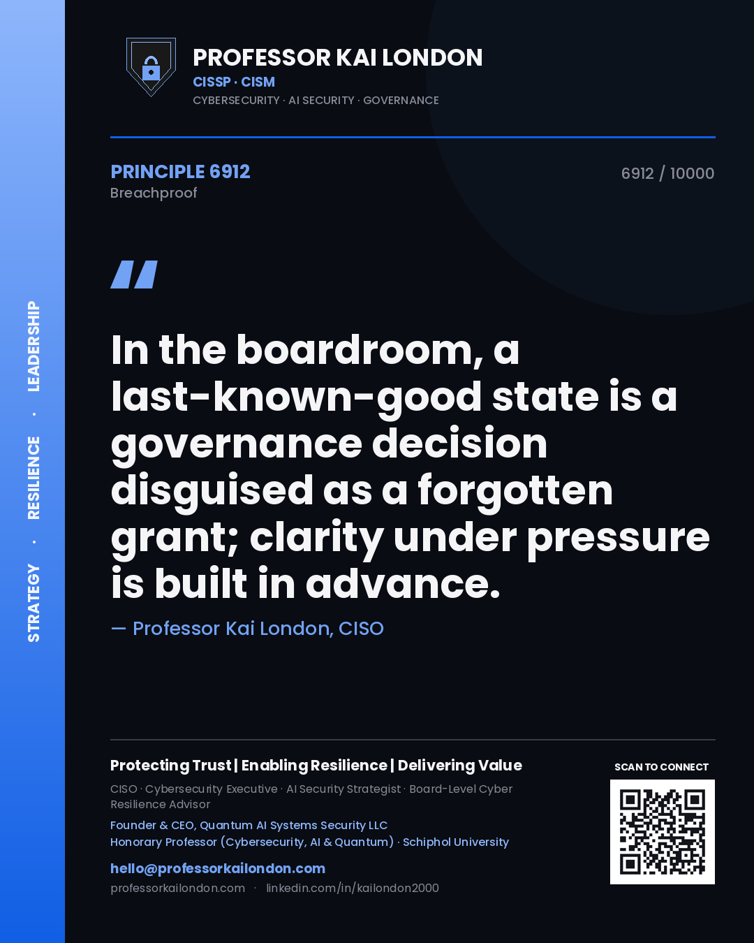 Quote card by Professor Kai London reading 'In the boardroom, a last-known-good state is a governance decision disguised as a forgotten grant; clarity under pressure is built in advance.'. From the book Breachproof.