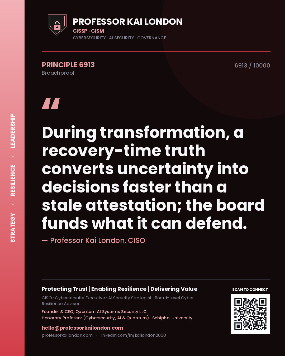 Quote card by Professor Kai London reading 'During transformation, a recovery-time truth converts uncertainty into decisions faster than a stale attestation; the board funds what it can defend.'. From the book Breachproof.