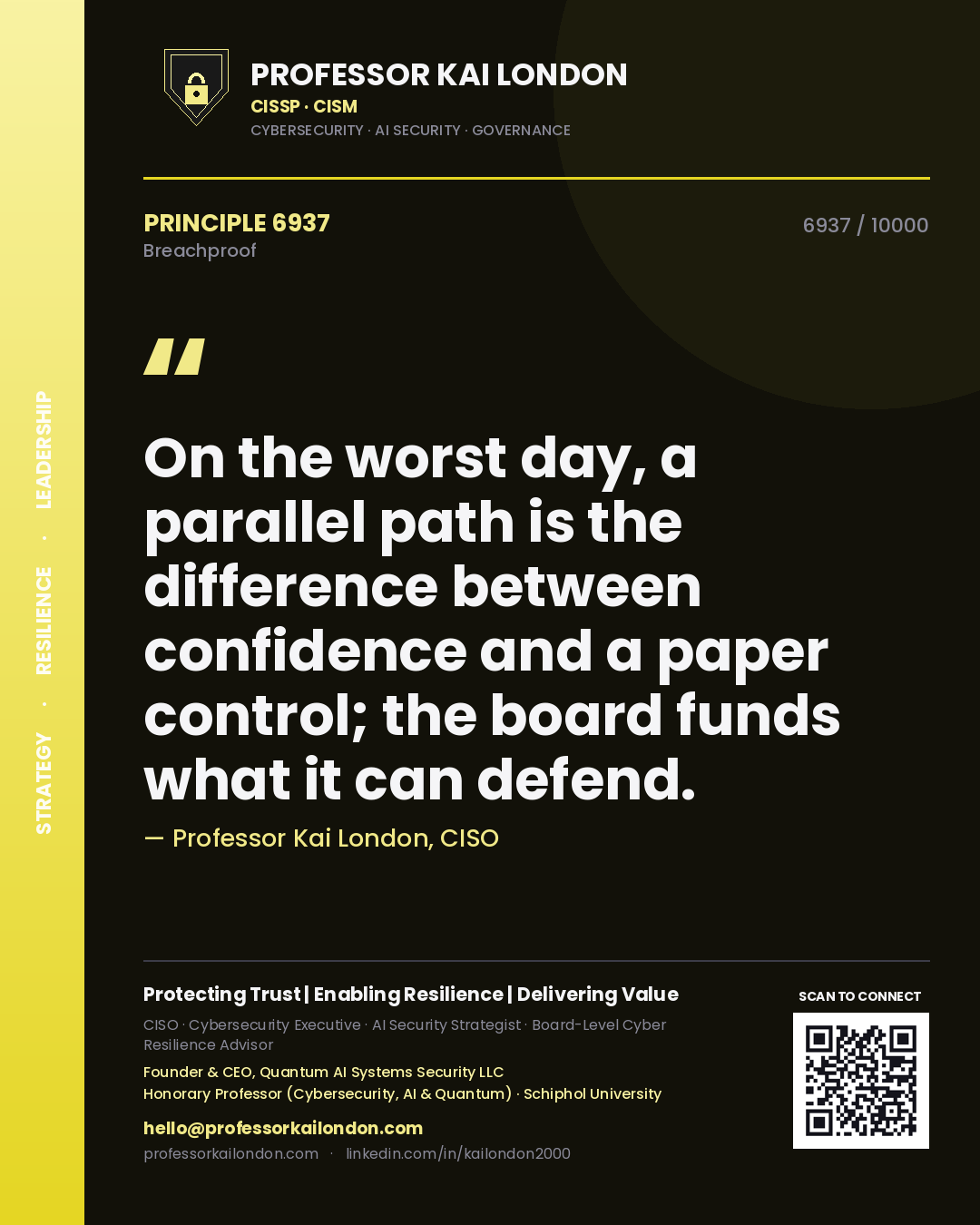 Quote card by Professor Kai London reading 'On the worst day, a parallel path is the difference between confidence and a paper control; the board funds what it can defend.'. From the book Breachproof.