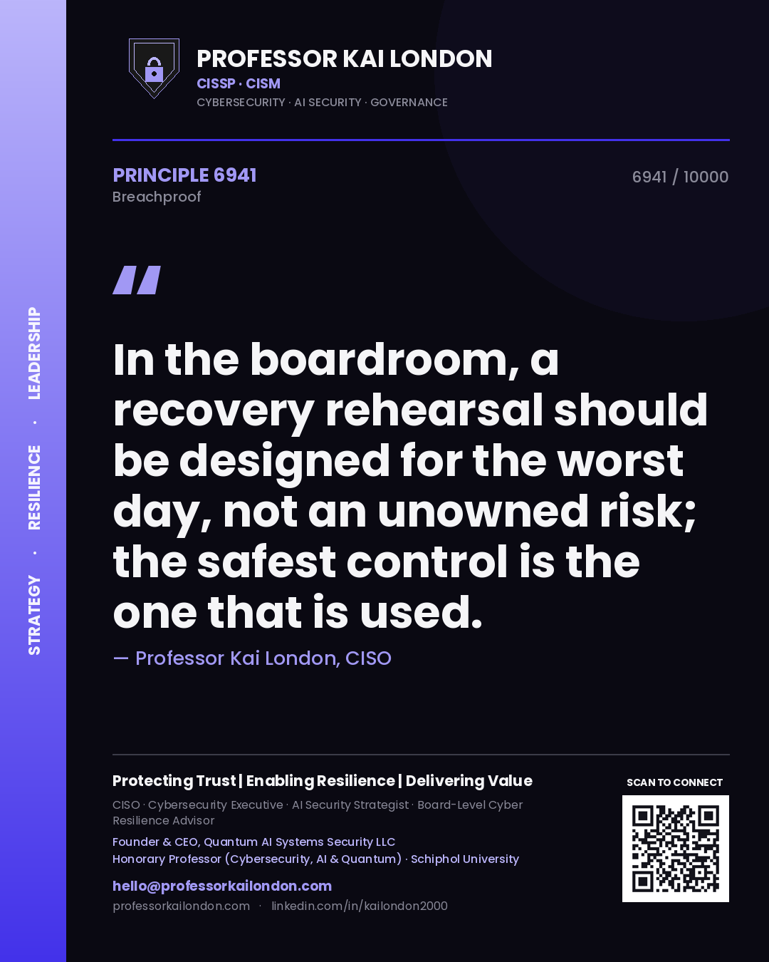 Professor Kai London principle 6941: In the boardroom, a recovery rehearsal should be designed for the worst day, not an unowned risk; the safest control is the one that is used.
