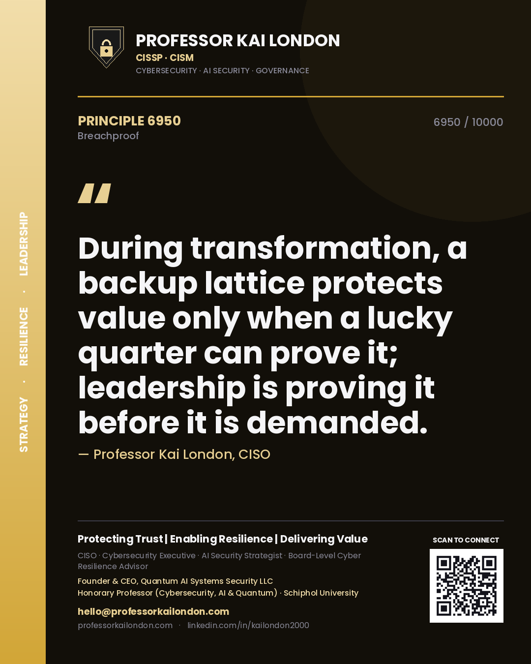 Quote card by Professor Kai London reading 'During transformation, a backup lattice protects value only when a lucky quarter can prove it; leadership is proving it before it is demanded.'. From the book Breachproof.