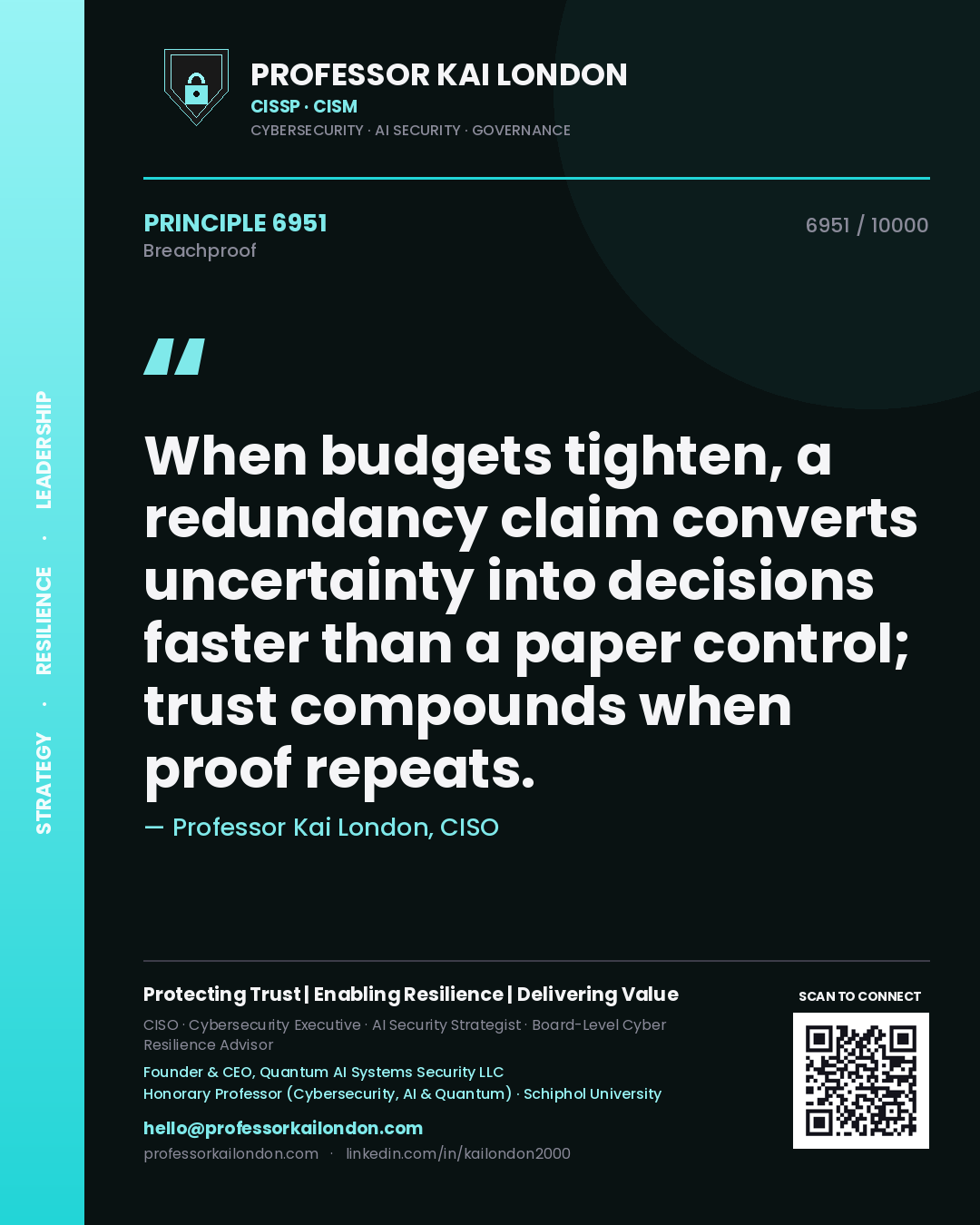 Professor Kai London principle 6951: When budgets tighten, a redundancy claim converts uncertainty into decisions faster than a paper control; trust compounds when proof repeats.