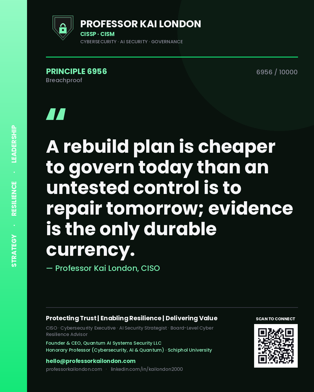 Quote card by Professor Kai London reading 'A rebuild plan is cheaper to govern today than an untested control is to repair tomorrow; evidence is the only durable currency.'. From the book Breachproof.