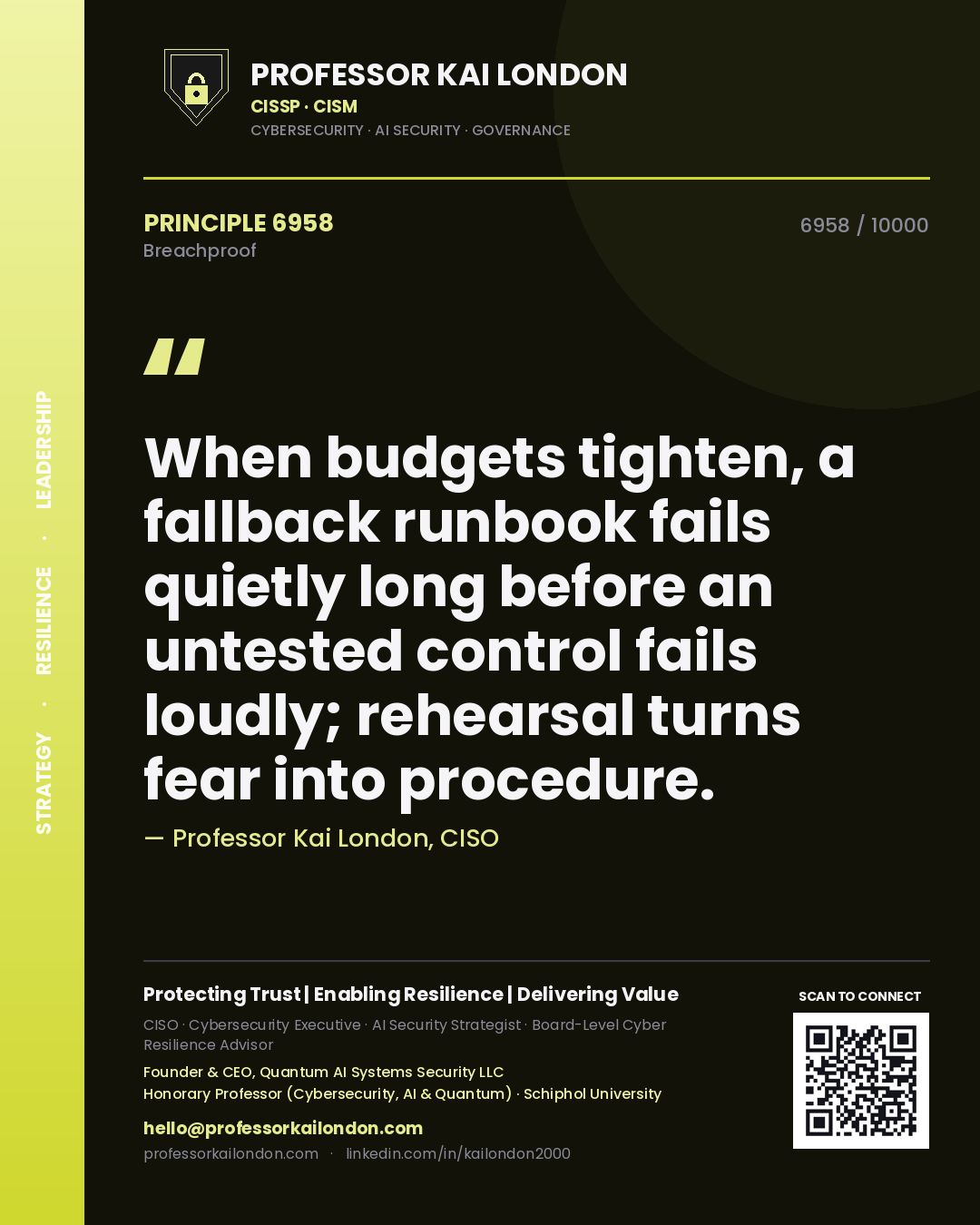 Professor Kai London principle 6958: When budgets tighten, a fallback runbook fails quietly long before an untested control fails loudly; rehearsal turns fear into procedure.