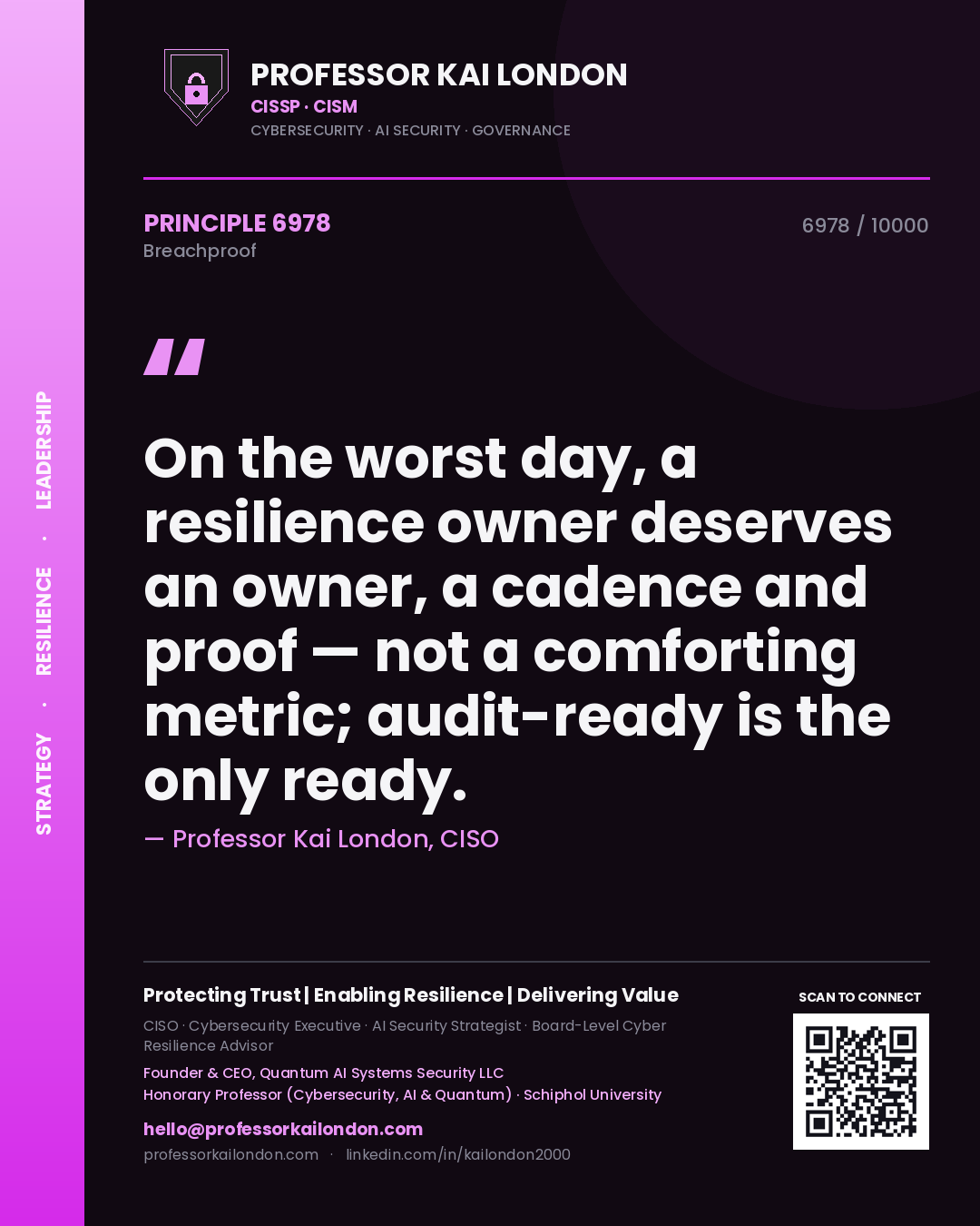 Quote card by Professor Kai London reading 'On the worst day, a resilience owner deserves an owner, a cadence and proof — not a comforting metric; audit-ready is the only ready.'. From the book Breachproof.
