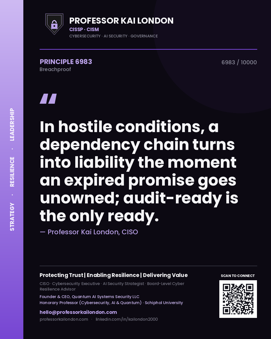 Quote card by Professor Kai London reading 'In hostile conditions, a dependency chain turns into liability the moment an expired promise goes unowned; audit-ready is the only ready.'. From the book Breachproof.