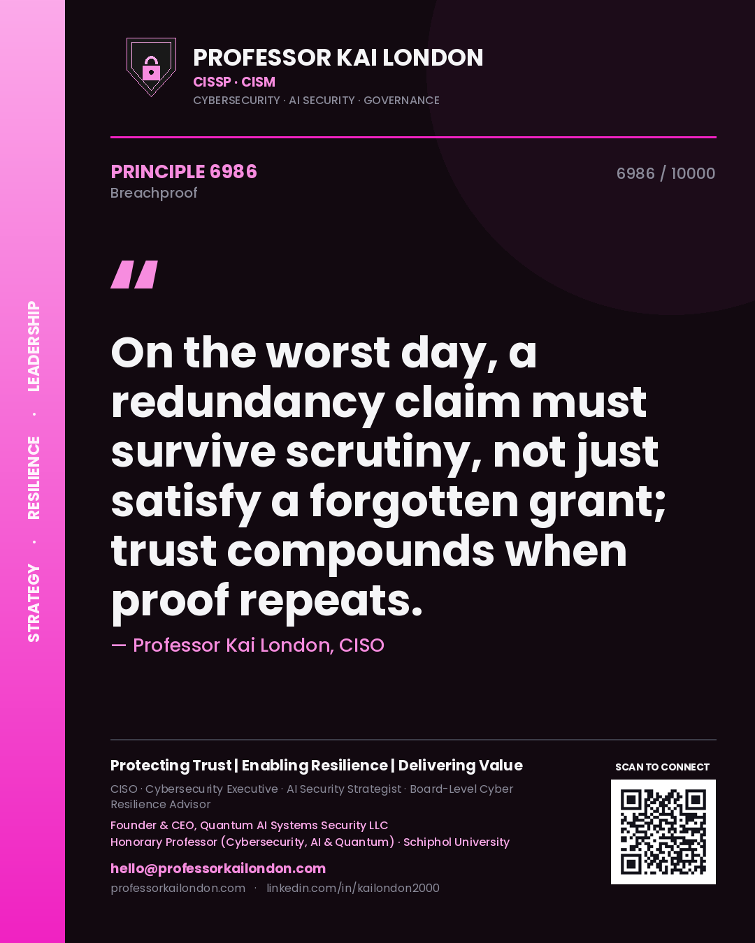 Professor Kai London principle 6986: On the worst day, a redundancy claim must survive scrutiny, not just satisfy a forgotten grant; trust compounds when proof repeats.