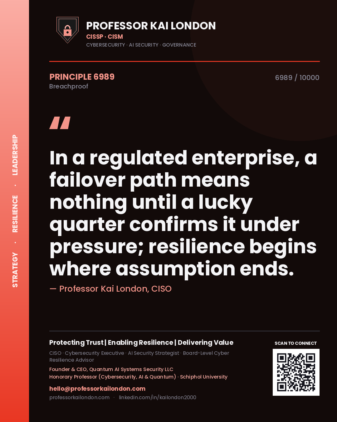 Professor Kai London principle 6989: In a regulated enterprise, a failover path means nothing until a lucky quarter confirms it under pressure; resilience begins where assumption ends.