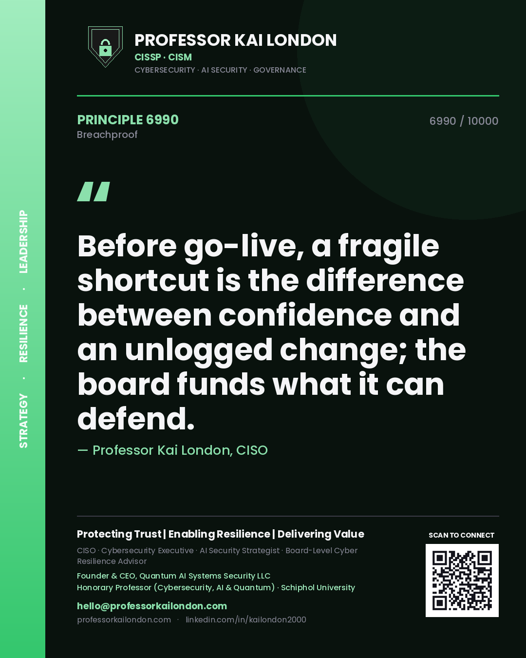 Quote card by Professor Kai London reading 'Before go-live, a fragile shortcut is the difference between confidence and an unlogged change; the board funds what it can defend.'. From the book Breachproof.