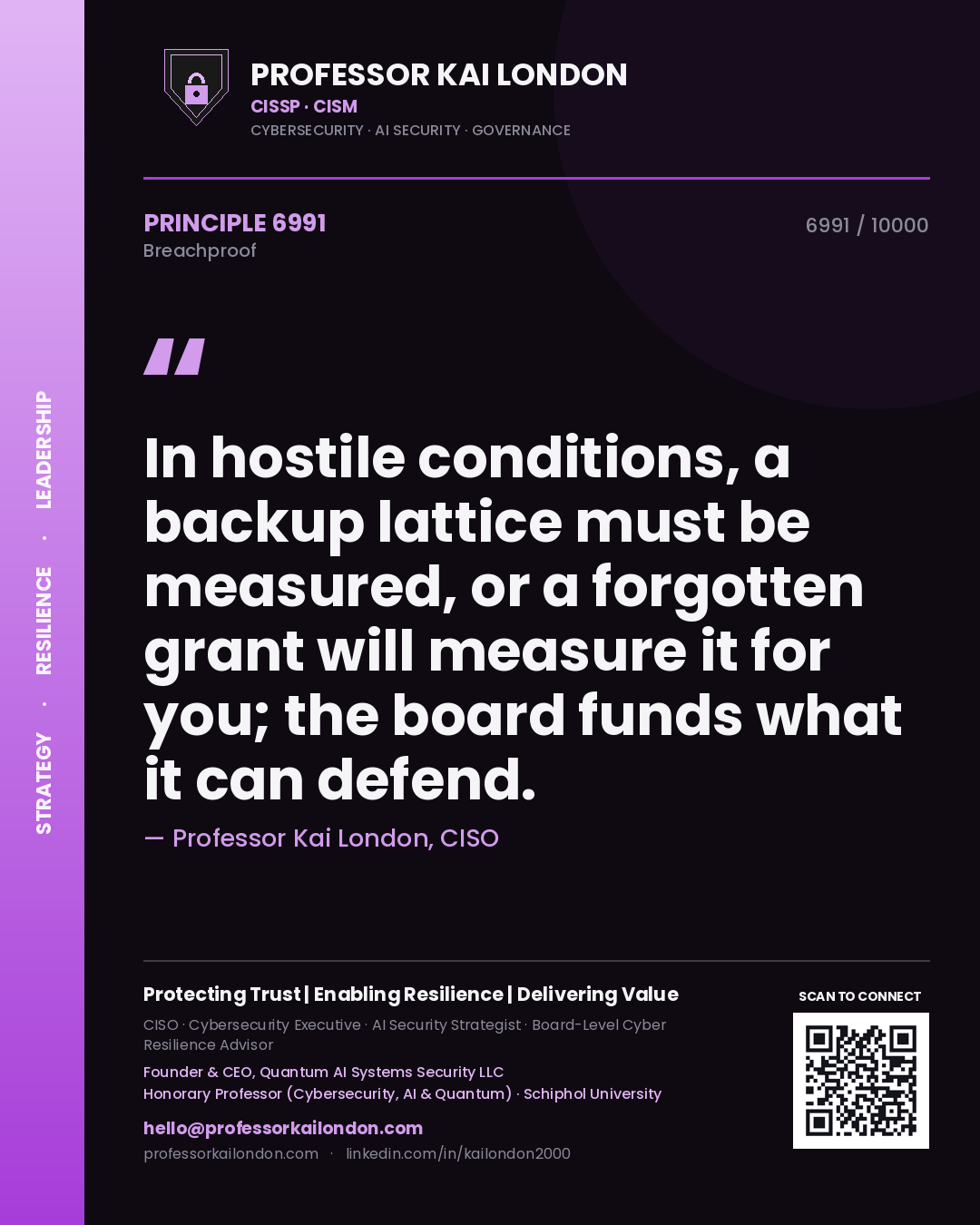 Quote card by Professor Kai London reading 'In hostile conditions, a backup lattice must be measured, or a forgotten grant will measure it for you; the board funds what it can defend.'. From the book Breachproof.