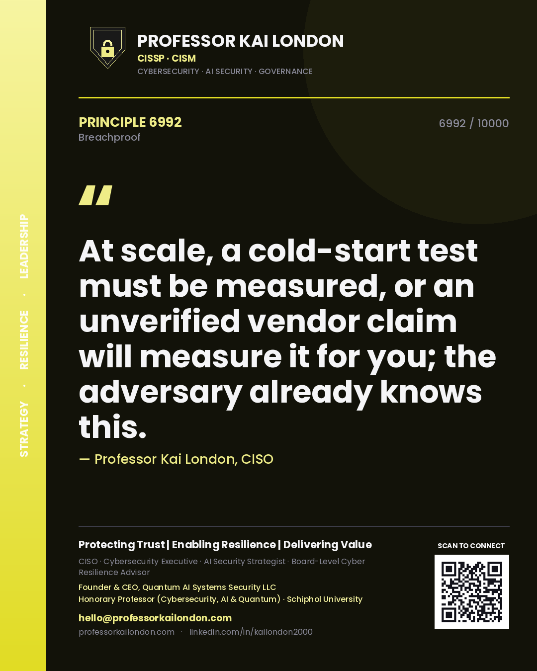 Quote card by Professor Kai London reading 'At scale, a cold-start test must be measured, or an unverified vendor claim will measure it for you; the adversary already knows this.'. From the book Breachproof.
