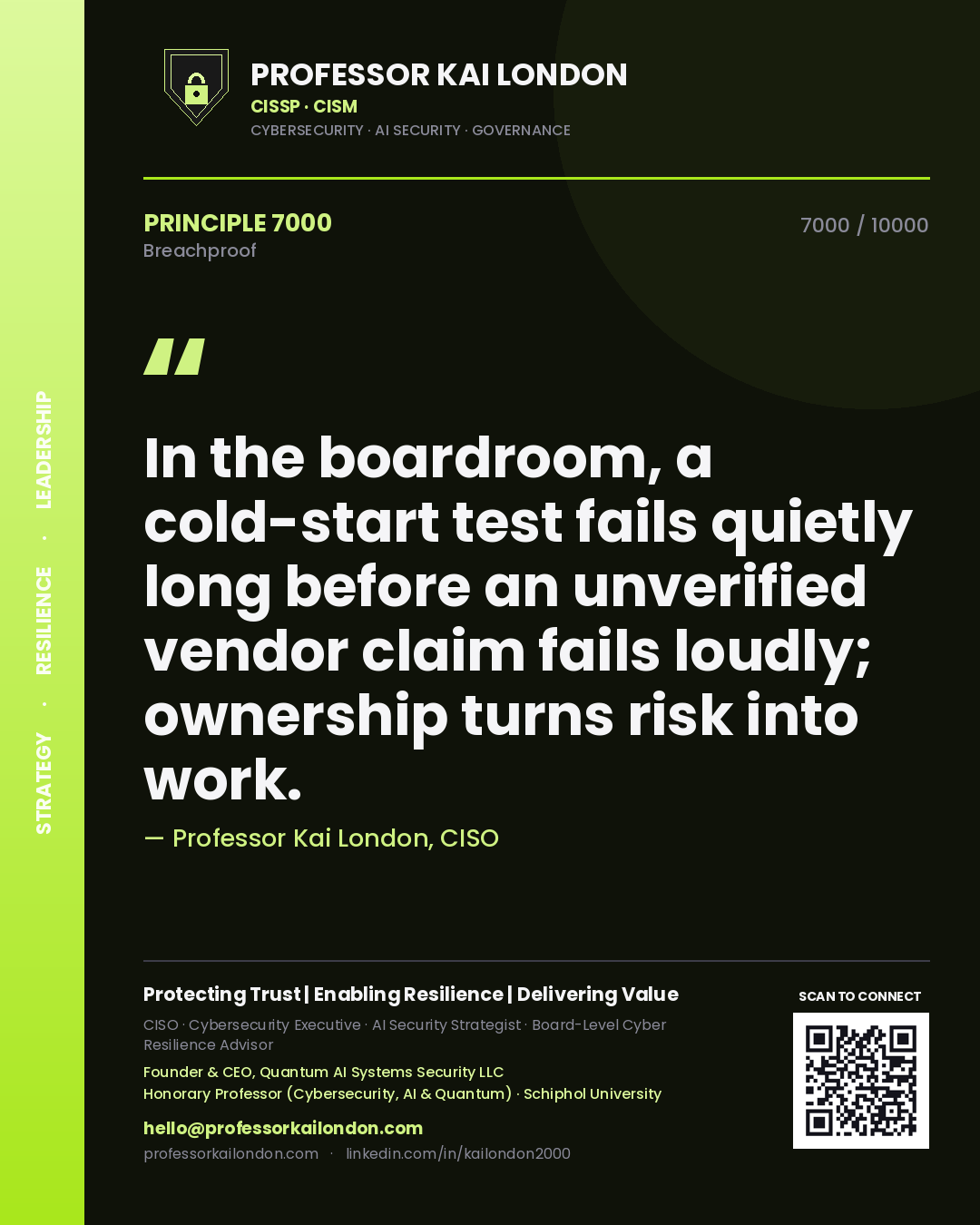 Quote card by Professor Kai London reading 'In the boardroom, a cold-start test fails quietly long before an unverified vendor claim fails loudly; ownership turns risk into work.'. From the book Breachproof.