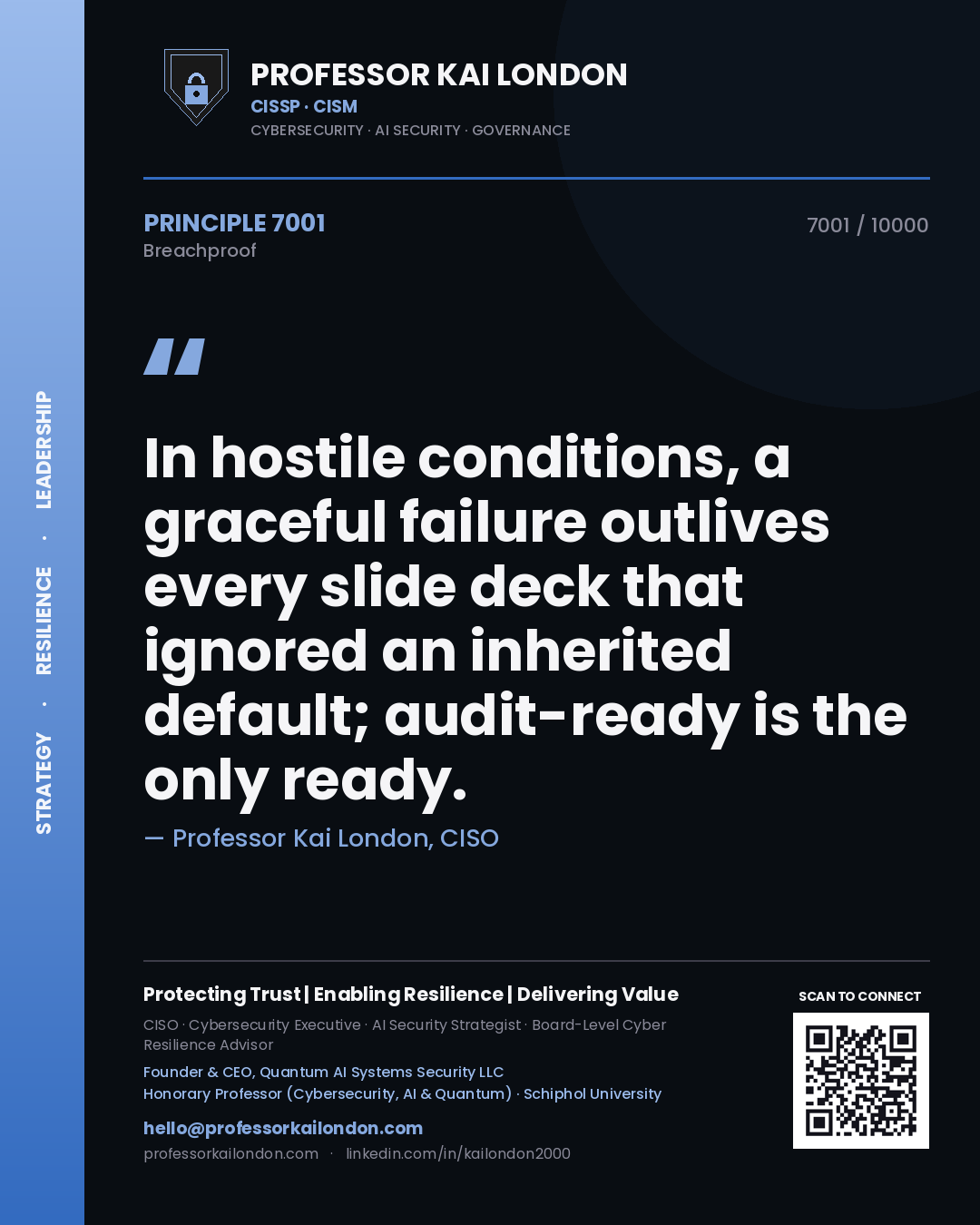 Quote card by Professor Kai London reading 'In hostile conditions, a graceful failure outlives every slide deck that ignored an inherited default; audit-ready is the only ready.'. From the book Breachproof.