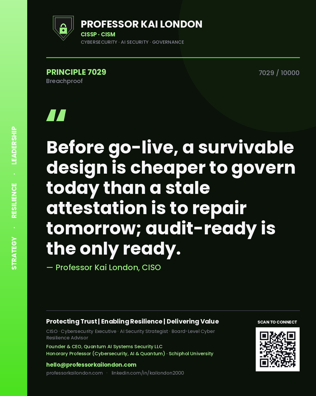 Quote card by Professor Kai London reading 'Before go-live, a survivable design is cheaper to govern today than a stale attestation is to repair tomorrow; audit-ready is the only ready.'. From the book Breachproof.