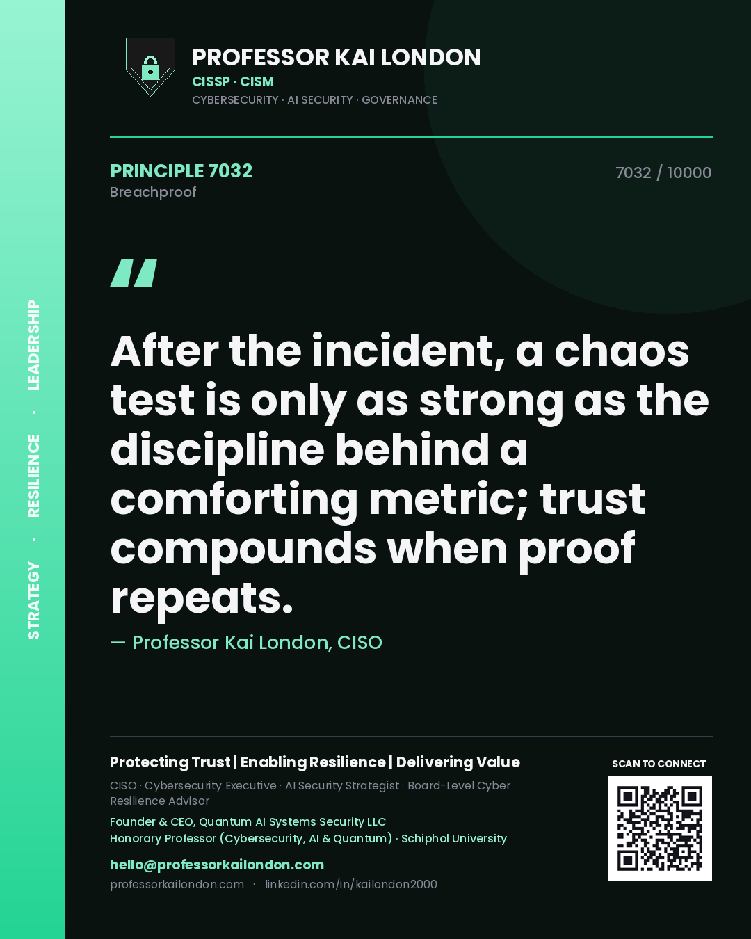 Quote card by Professor Kai London reading 'After the incident, a chaos test is only as strong as the discipline behind a comforting metric; trust compounds when proof repeats.'. From the book Breachproof.