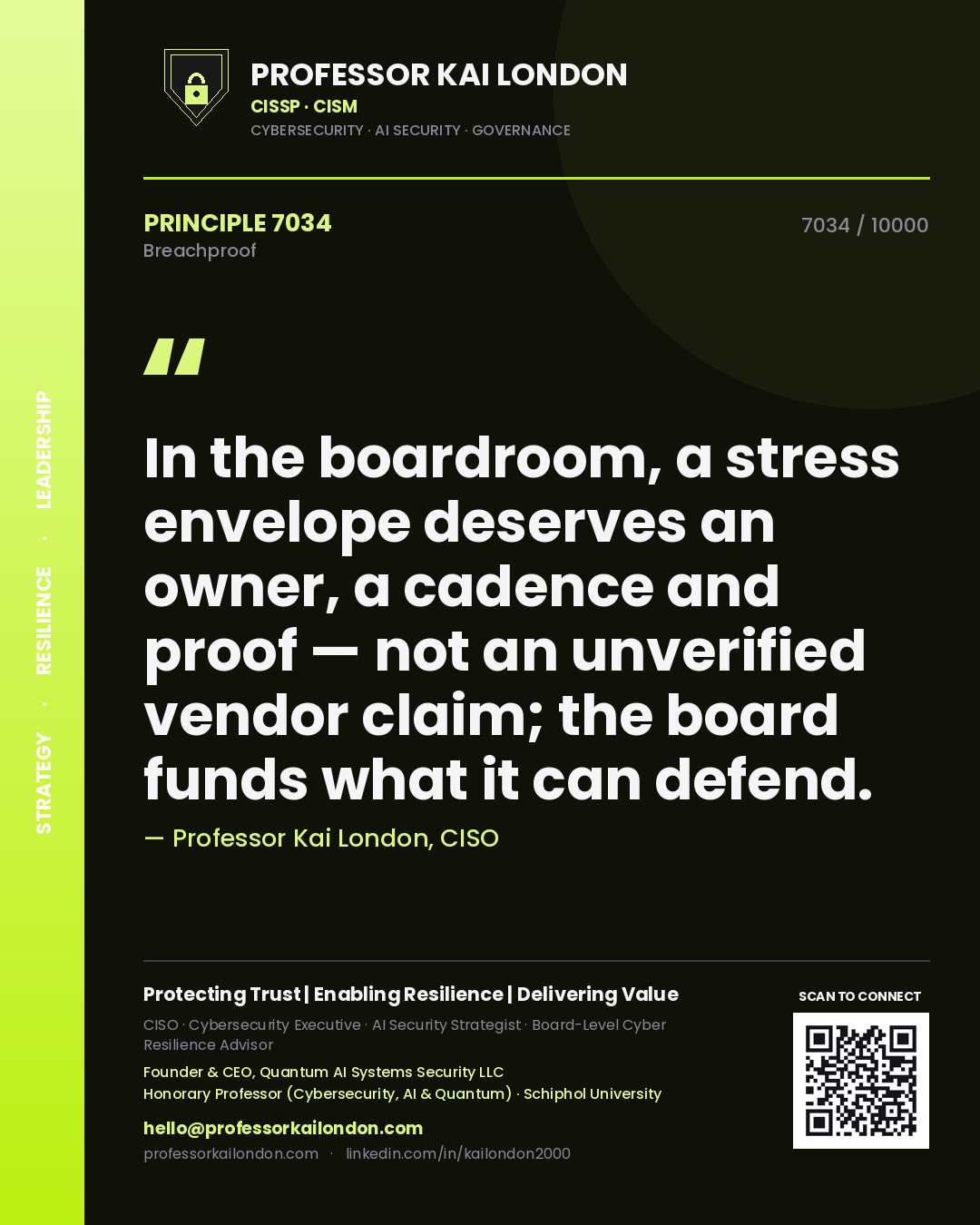 Quote card by Professor Kai London reading 'In the boardroom, a stress envelope deserves an owner, a cadence and proof — not an unverified vendor claim; the board funds what it can defend.'. From the book Breachproof.