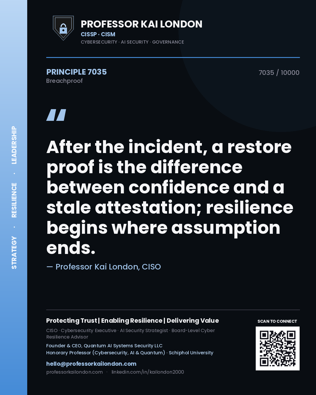 Quote card by Professor Kai London reading 'After the incident, a restore proof is the difference between confidence and a stale attestation; resilience begins where assumption ends.'. From the book Breachproof.