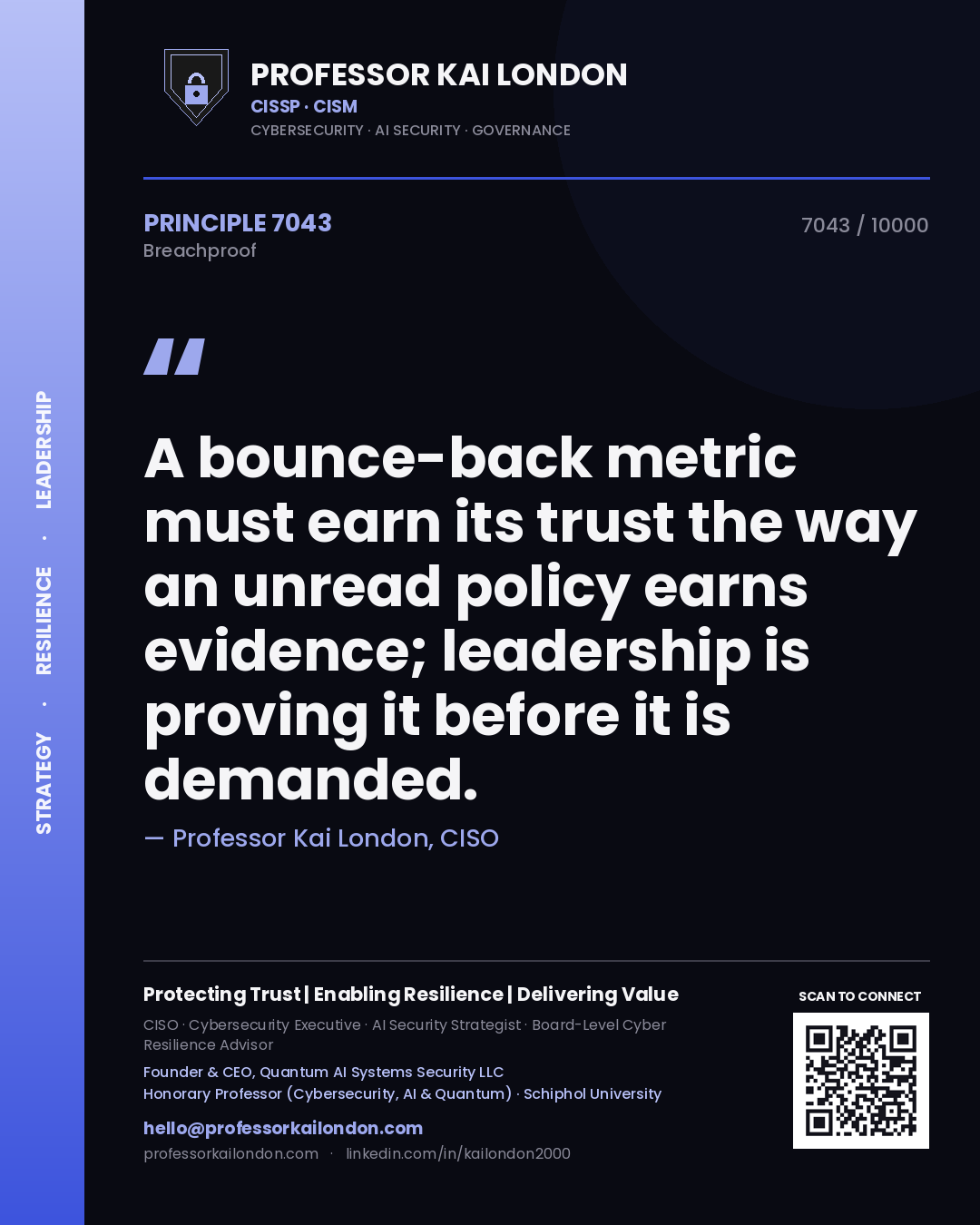 Professor Kai London principle 7043: A bounce-back metric must earn its trust the way an unread policy earns evidence; leadership is proving it before it is demanded.